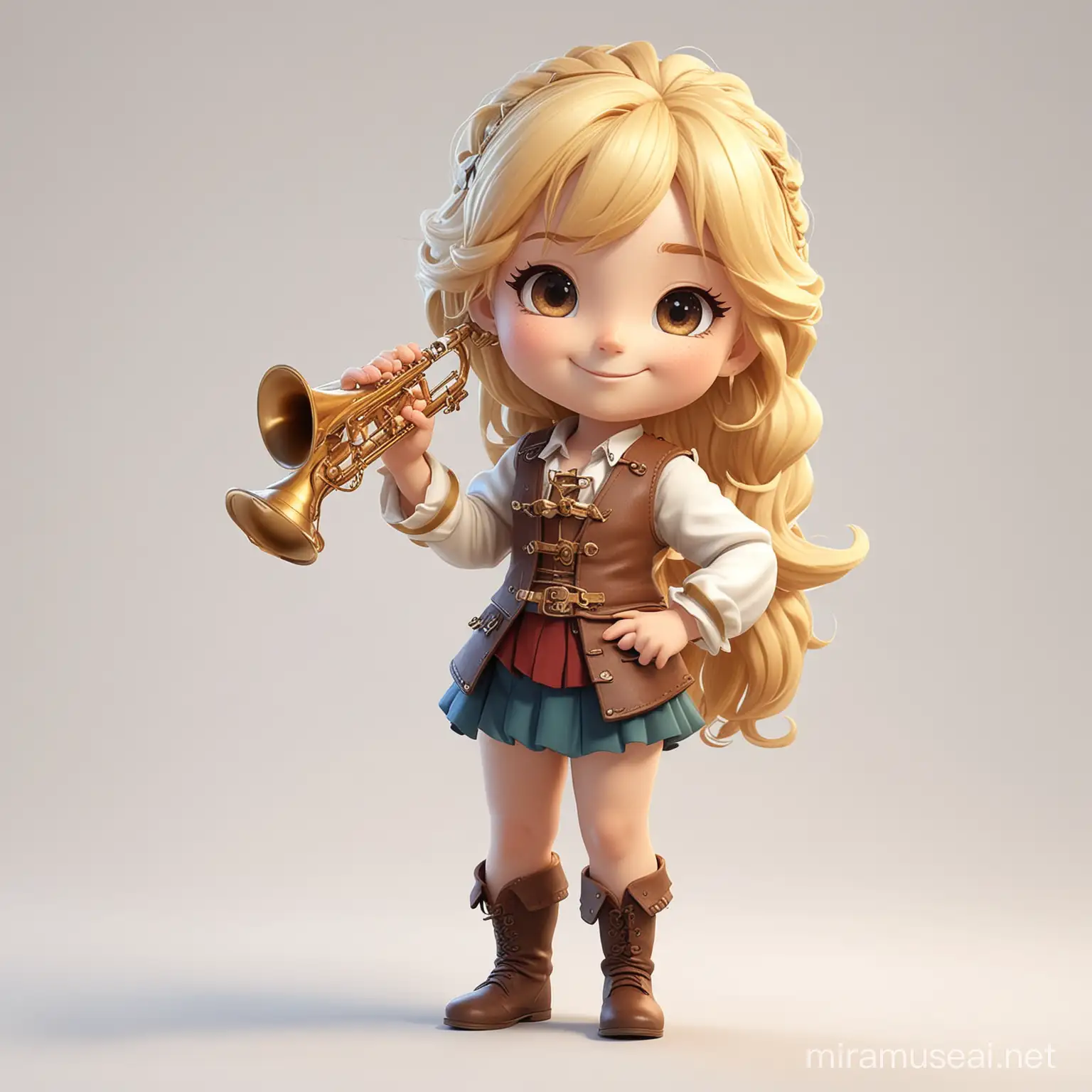 female child bard smiling blonde hair holding a wind instrument on a white background full body chibi style