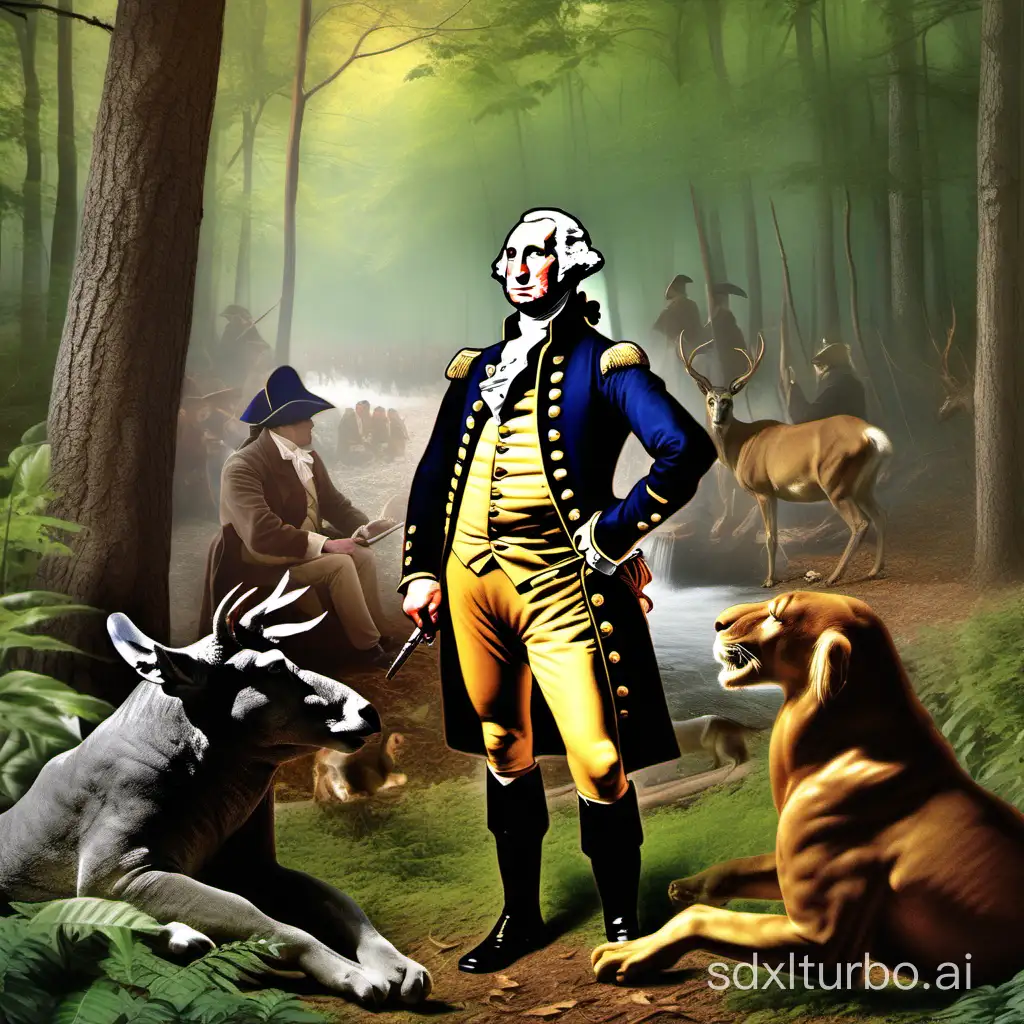 George washington in the woods speaking with the wild life, asking their opinions. In the style of photorealism