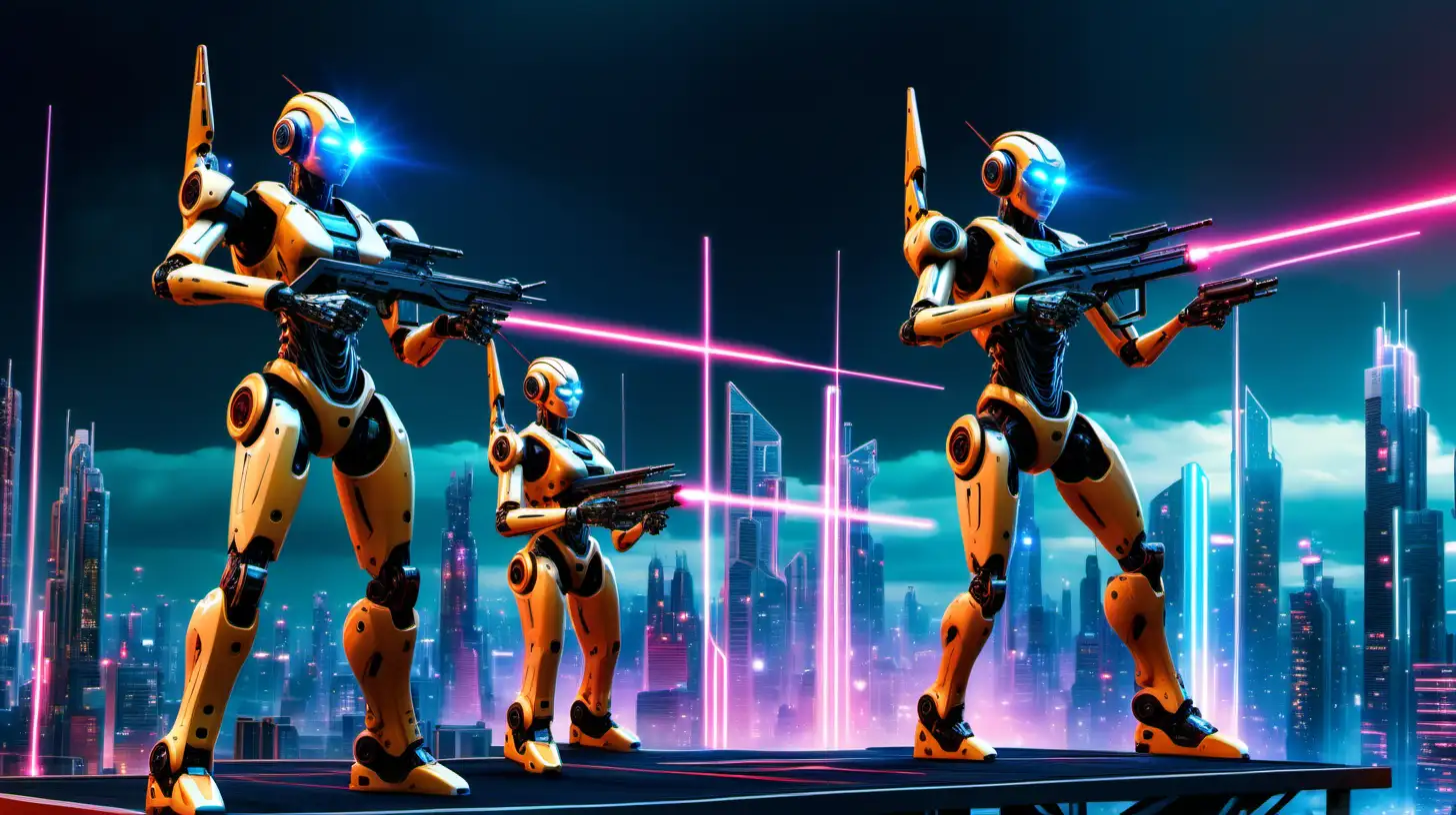 Futuristic Humanoid Robots in Neon City Battling with Laser Guns