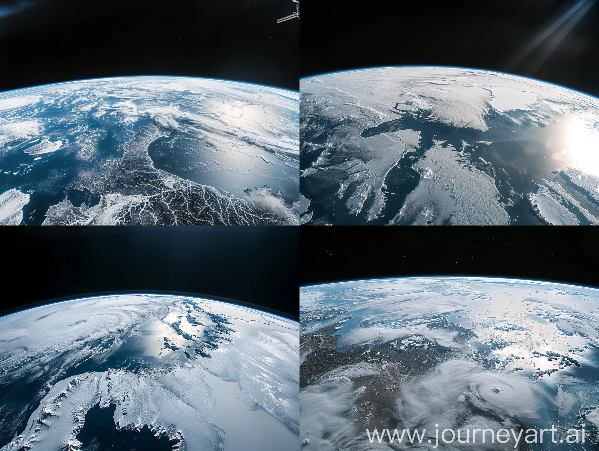 A breathtaking view of Earth from space in 2032, showcasing the curvature of the planet against the black backdrop of space, polar ice caps glistening in the sunlight, a delicate layer of atmosphere hugging the surface, evoking feelings of admiration and insignificance, Photography, satellite imagery captured by a high-resolution camera, 