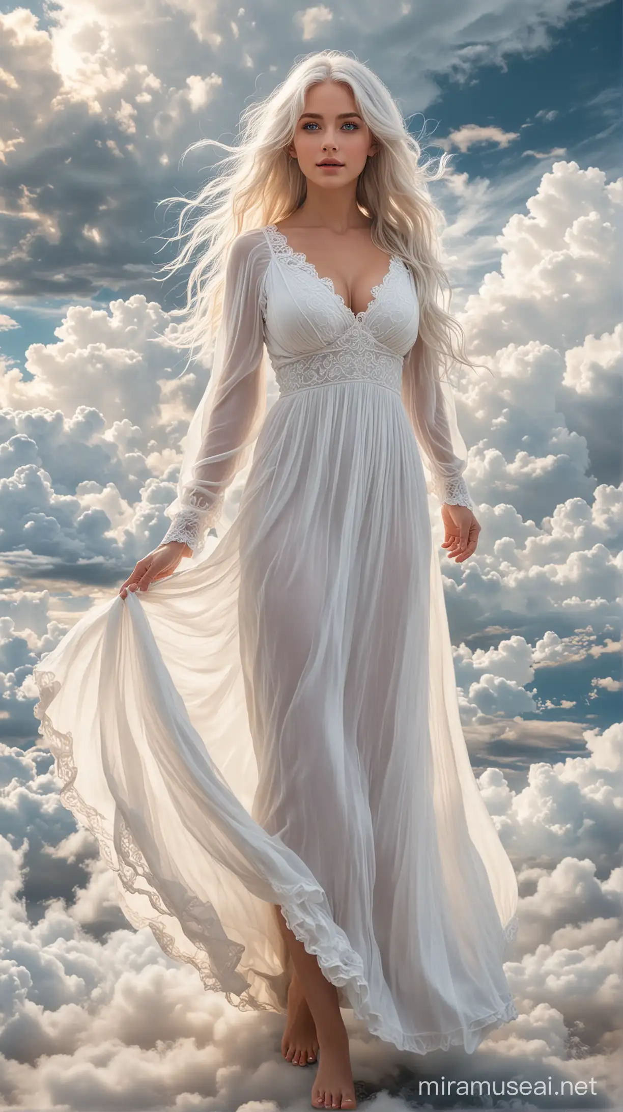 A GORGEOUS woman with long white hair, blue eyes, a sweet face, and a nice figure with big tits walking on clouds in a flowing white dress. The image must show the total body, including the feet.