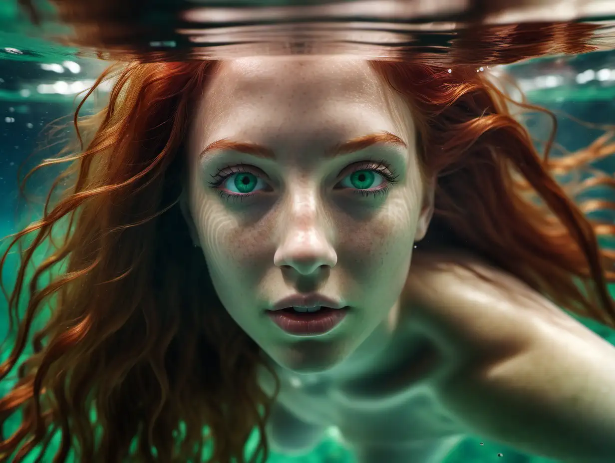 Create hyperrealistic photograph of a beautiful 25-year-old girl, long red hair, green eyes, perfect lips, realistic detailed soft face expression.  Swimming under water. Turquoise water reflections on her as she casually looks at the camera. Sea floor background. High definition 8k image, octane render 