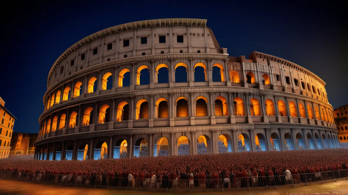 Ancient rome, colliseum in the glorious moment, festiv atmosphere, amazing details, 