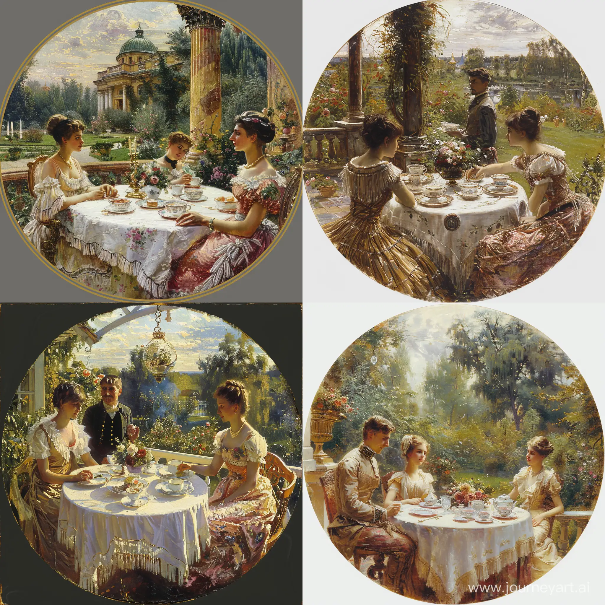 Round logo for candles. Art in the style of impressionism. A 19th century scene in the Russian Empire. Early morning, a noble family is having breakfast on the veranda of an estate. At the table sit two women in simple dresses with tassels and a tall man. On the table white tablecloth, porcelain dishes, flowers. Around the garden.