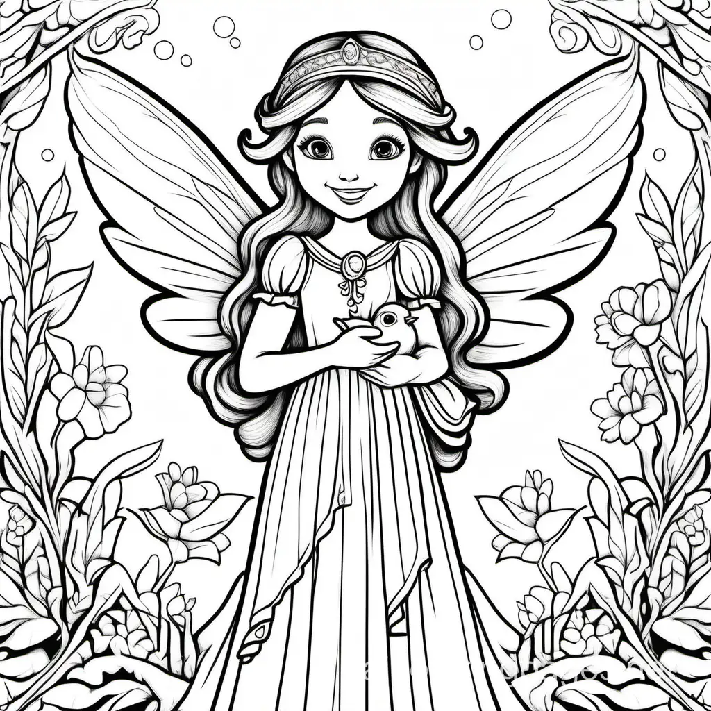 Thick black line white background only, no grey, for a coloring book, A pretty smiling fully dressed, and elegantly dressed in a nice outfit fairy with wing at her back. The fairy is holding a cute little bird.  Full view. Only black and white colors.
, Coloring Page, black and white, line art, white background, Simplicity, Ample White Space. The background of the coloring page is plain white to make it easy for young children to color within the lines. The outlines of all the subjects are easy to distinguish, making it simple for kids to color without too much difficulty