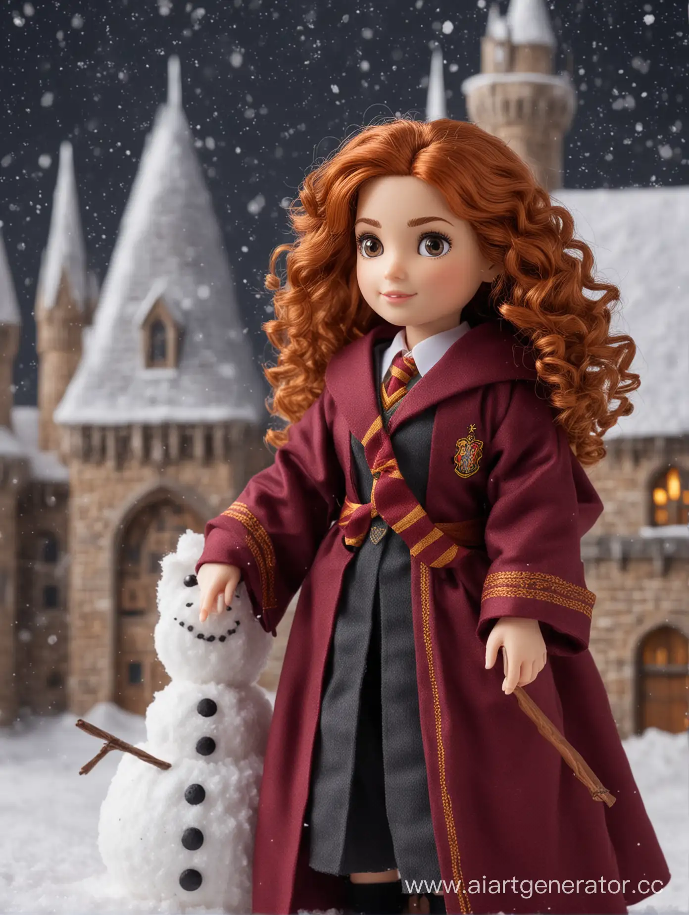 кукла девушка Hermione Granger, русые-кудри, карие глаза, героиня книги, Harry Potter, In Hogwarts Robes зимой у замка снегопад снеговик