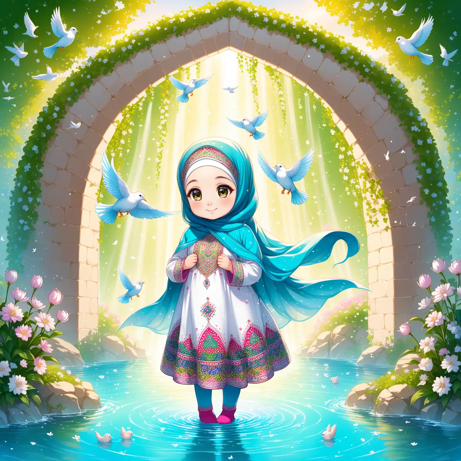 Character Persian little girl(full height, Muslim, with emphasis no hair out of veil(Hijab), baby face, smaller eyes, bigger nose, white skin, cute, smiling, wearing socks, clothes full of Persian designs, heavenly girl).

Atmosphere flowing water from the spring with flowers, nightingales and flying birds in spring.