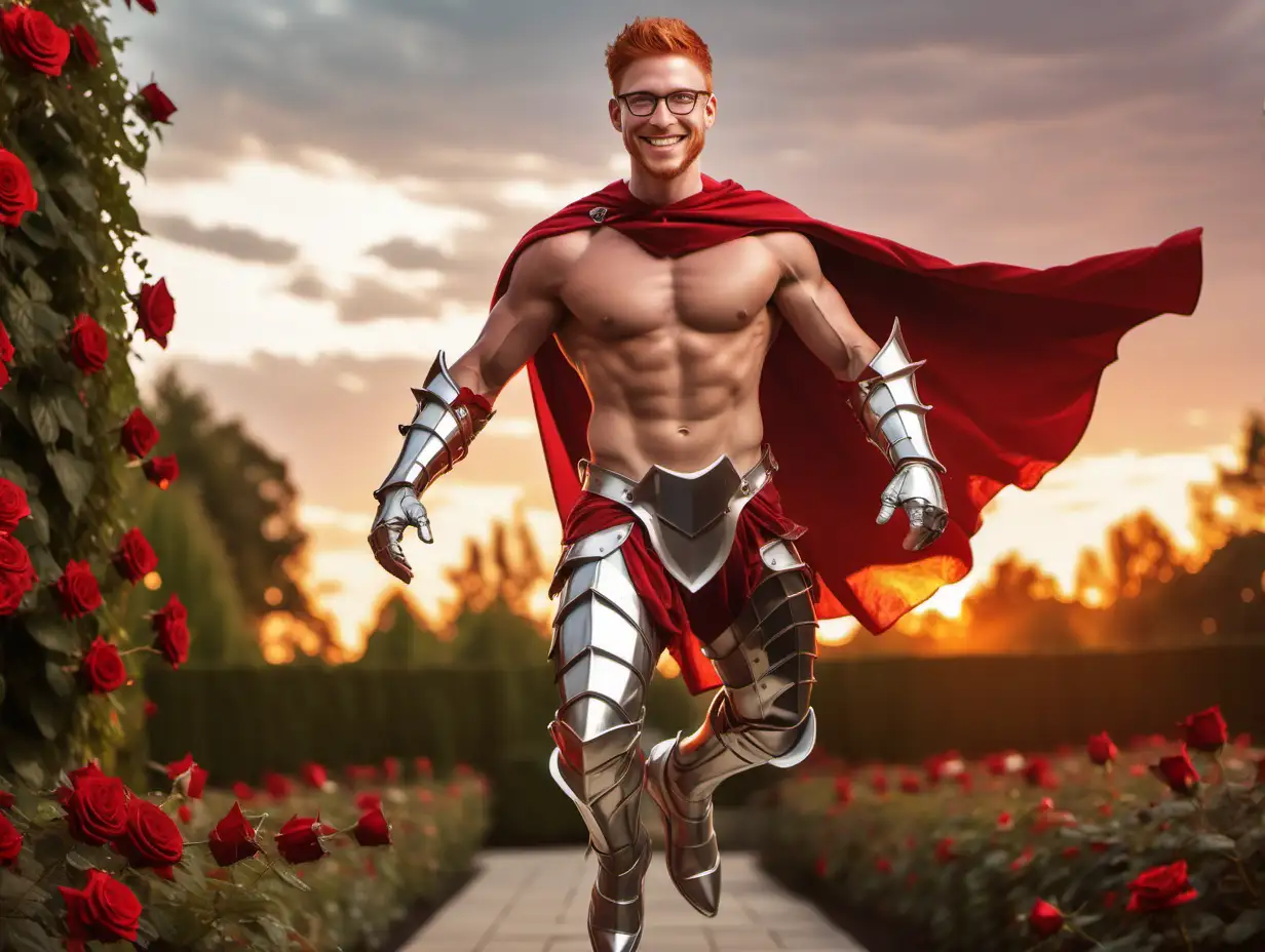 A redhead shirtless knight flying in the air, silver bracelets, leg armor, red cape connected with amber crystal, handsome, 30 years old, stubbles, glasses, short hair, tanned, muscular, very sweaty, oiled up, smiling, full body shot, rose garden, sunset