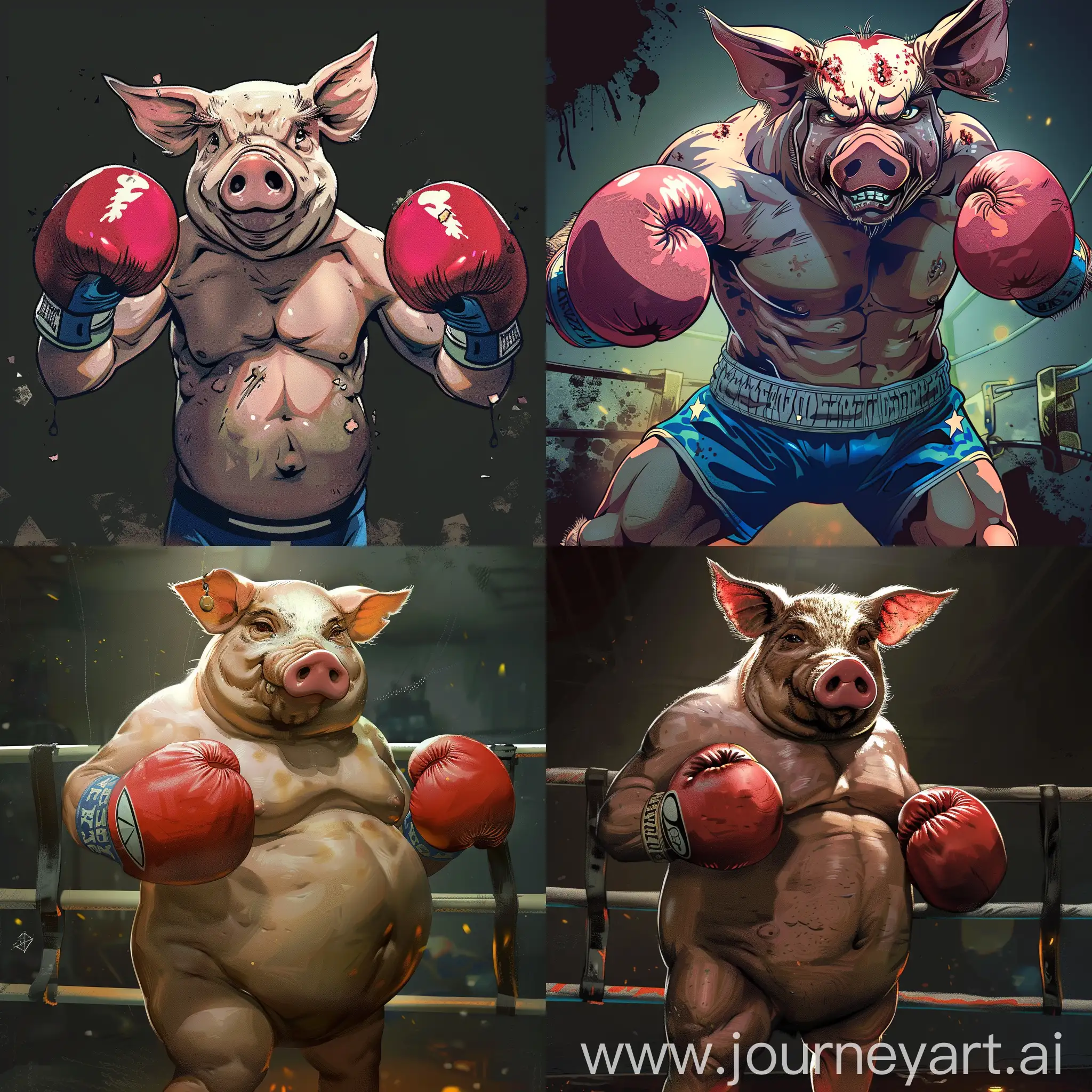 An anime style powerful and terrifying boxing hero pig.