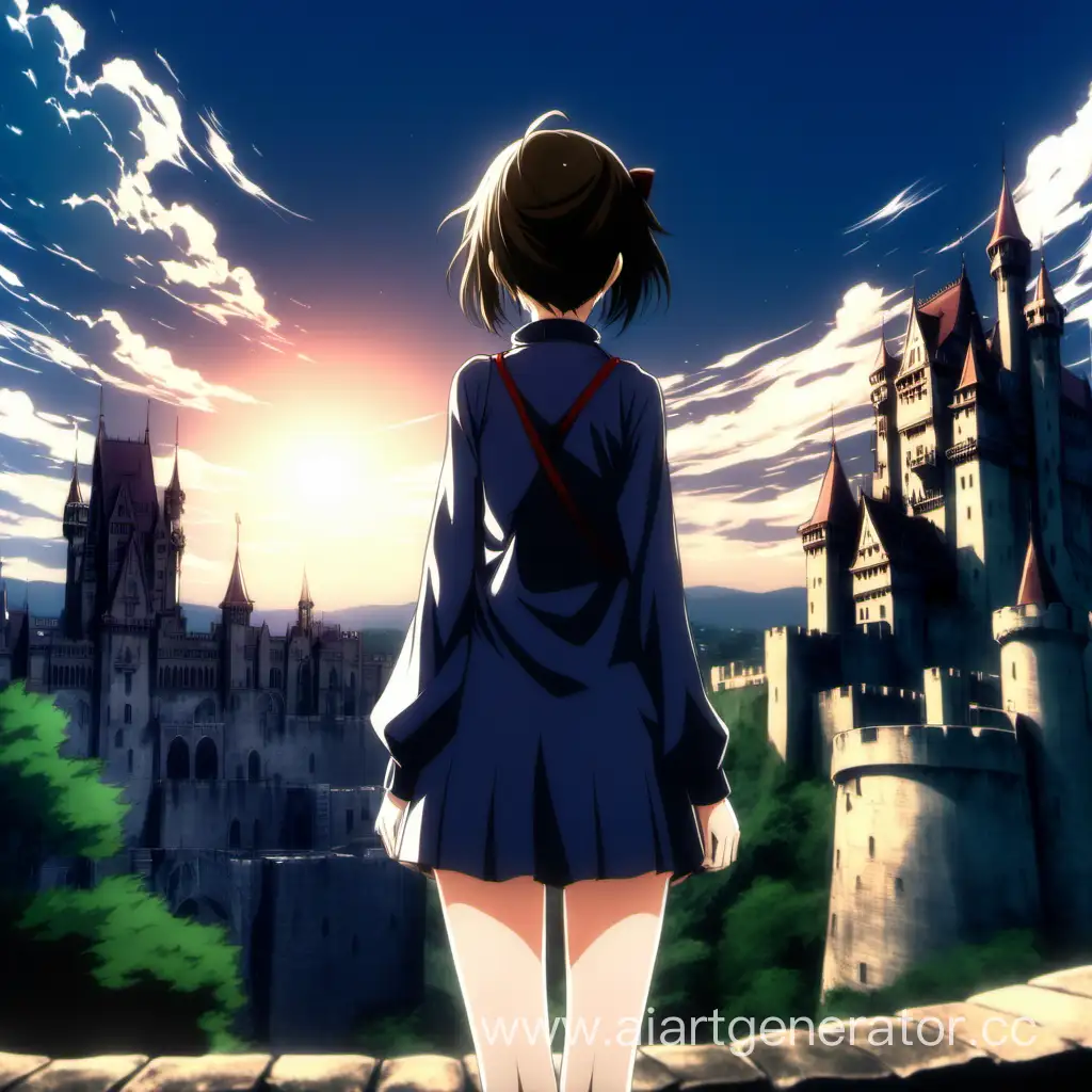 аниме девушка на фоне замка стоит спиной