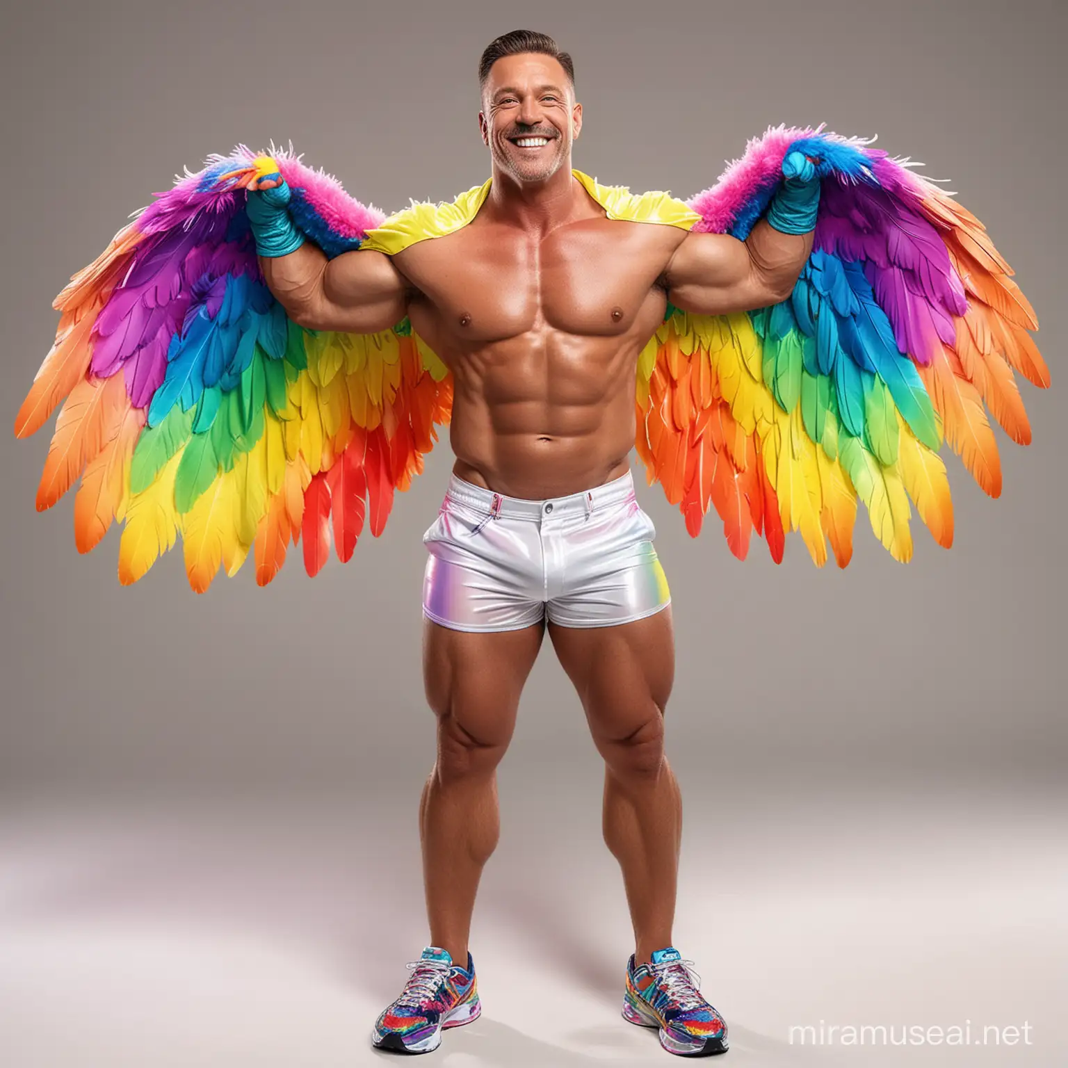 Full Body to feet Topless 40s Ultra Chunky Bodybuilder Daddy with Great Smile wearing Multi-Highlighter Bright Rainbow with white Coloured See Through Eagle Wings Shoulder Jacket Short shorts left arm up Flexing