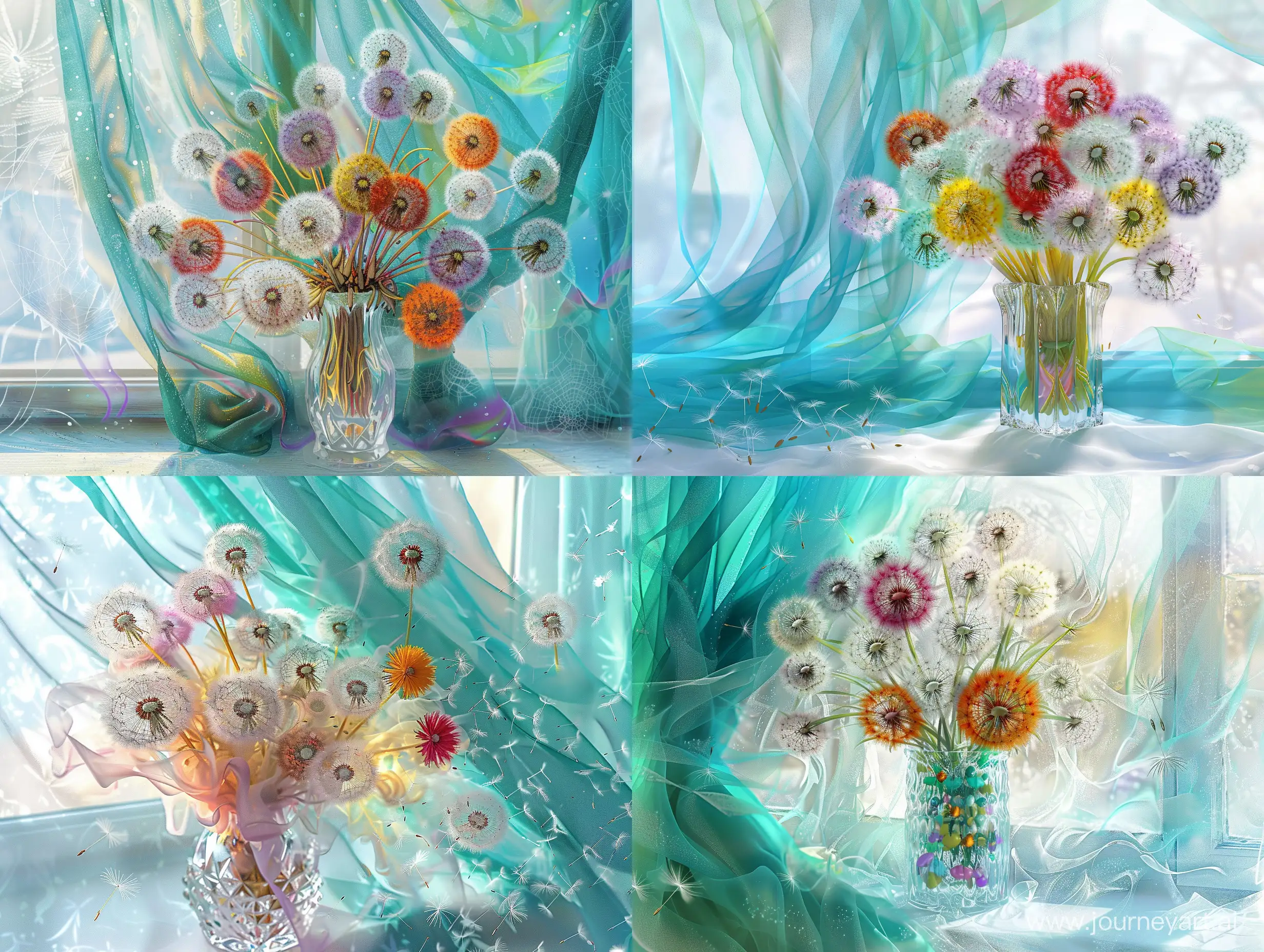 Vibrant-Dandelion-Bouquet-in-Crystal-Vase-with-Turquoise-Curtain-and-Fractal-Smoke