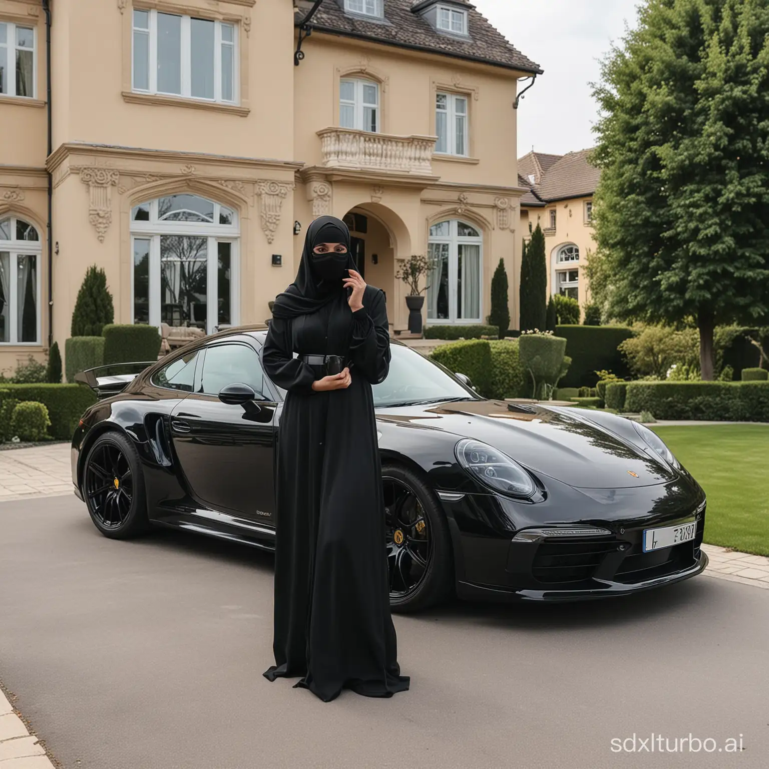 Sissy debout, full abaya noir, full niqab noir, bouche masquée.
En extérieur face à maison de luxe avec porsche 911 noire.