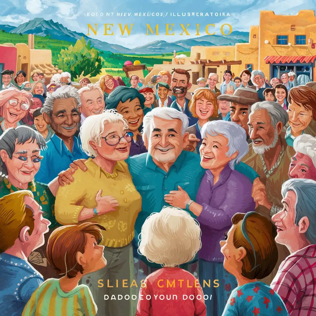 a book cover. A diversity of senior citizens being honored by townspeople, front view, New Mexico atmosphere.