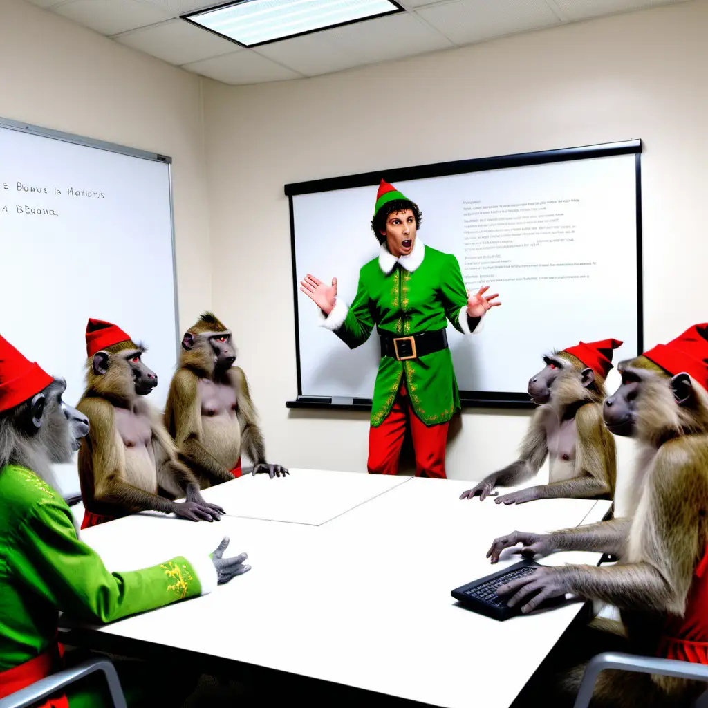 an elf giving a powerpoint presentation to a group of baboons in an office
