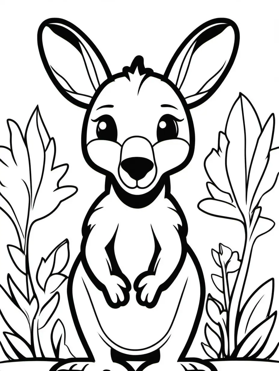 Coloring book, cartoon drawing, clean black and white, single line, in center of aspect ratio 9:16, white background, cute kangaroo.