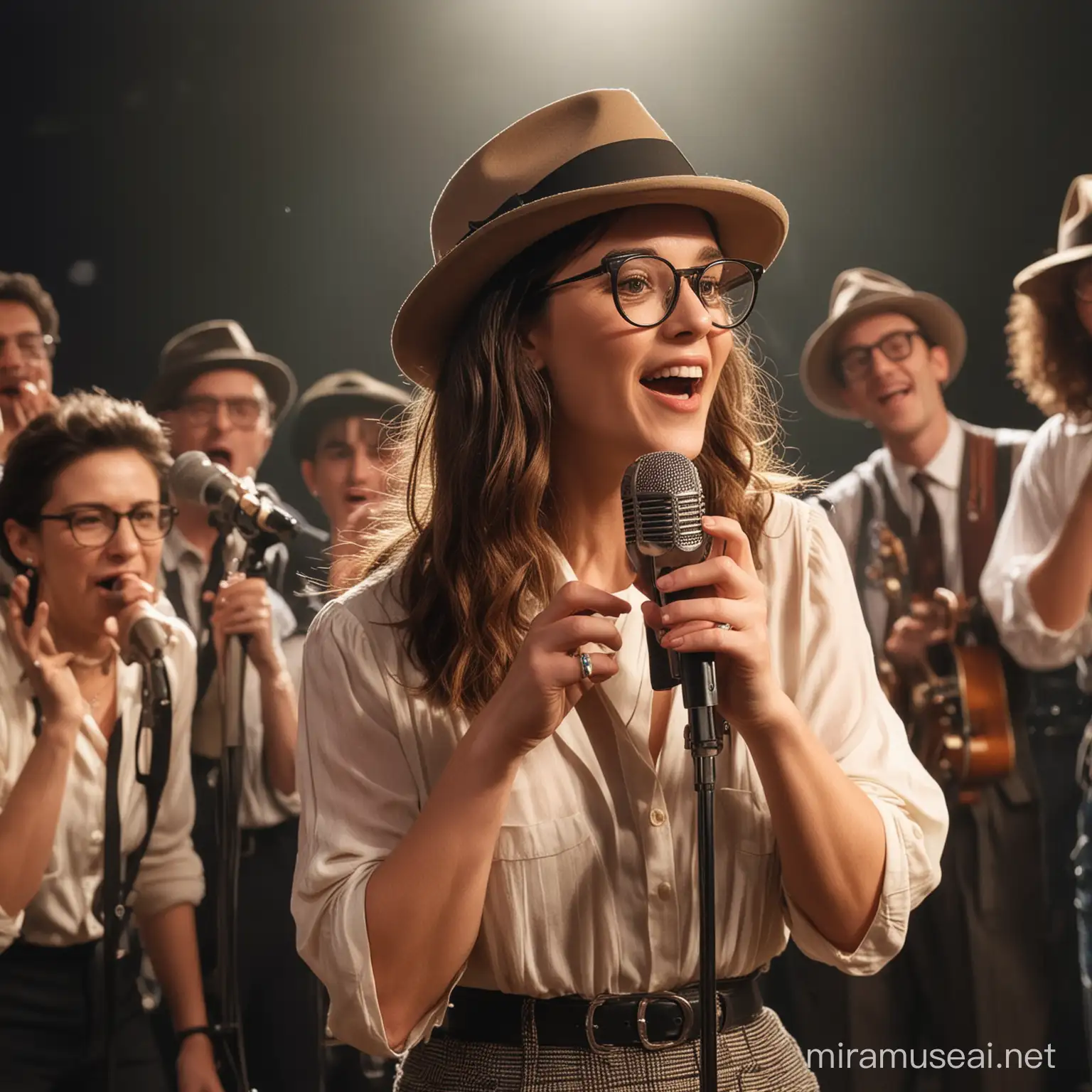 1 sings using an old school microphone on stage, wearing glasses, wearing a fedora hat, 4 others play musical instruments around the vocalist