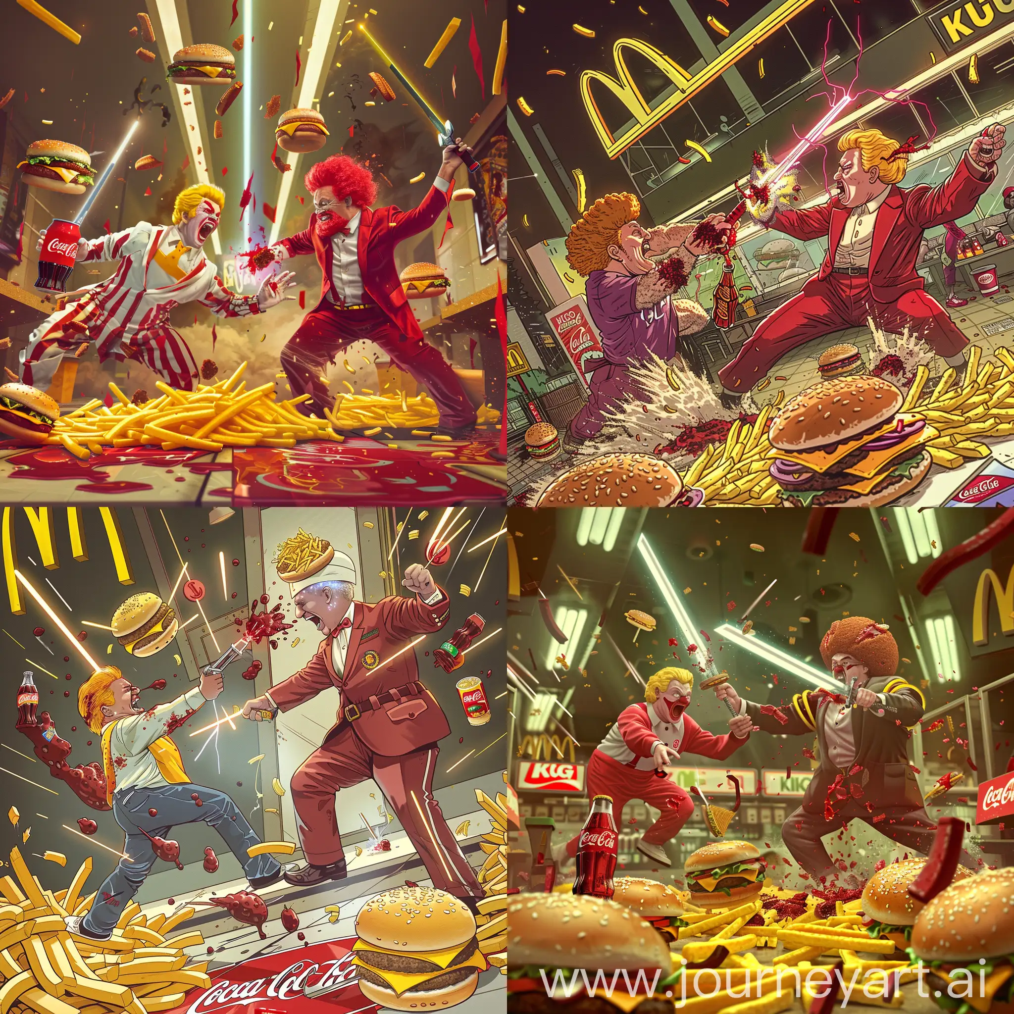 two characters : Ronald McDonald and Colonel sanders are fighting against each other with their laser swords, inside a Burgers King fast-food restaurant,

nobody else, 

many hamburgers, yellow french fries and Coca-Cola get smashed and fall to the ground,