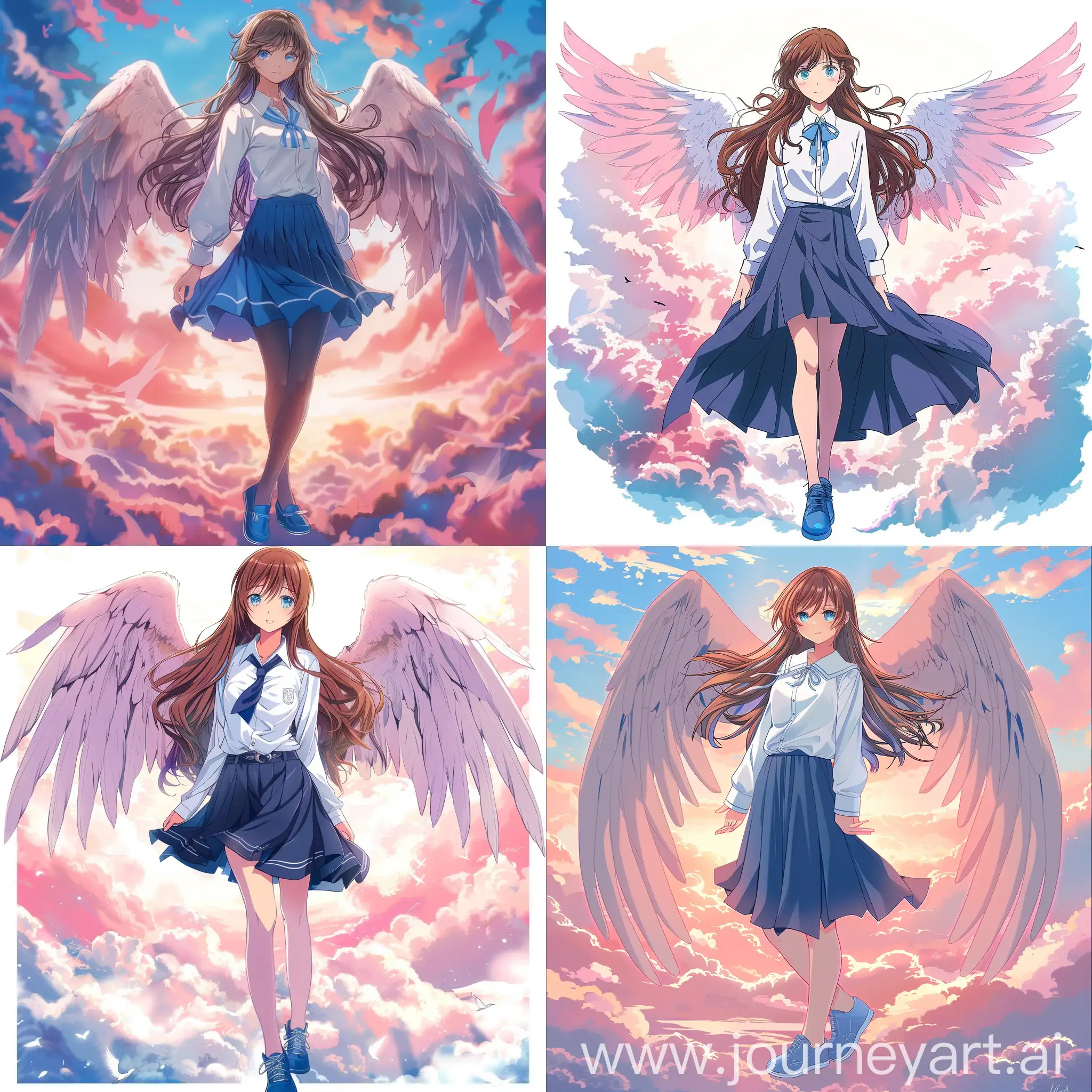 anime woman 25 years old with long brown hair and blue eyes. wearing a white school long shirt and a dark blue skirt with blue shoes. with a cute face. :3.pink sunset pink clouds. with wings like a angel,rating:general
