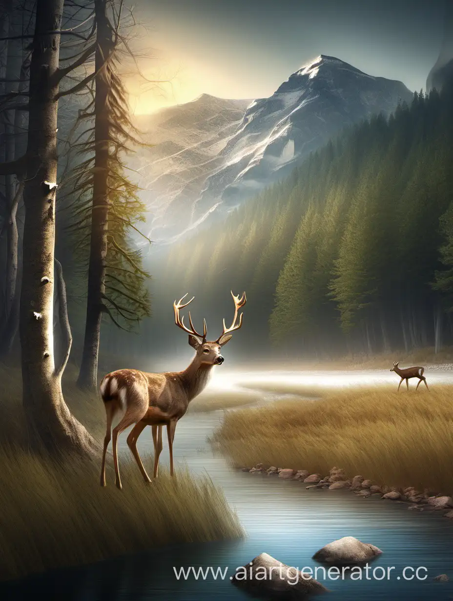 Majestic-Deer-Roaming-in-Serene-Forest-with-River-and-Mountain-Views