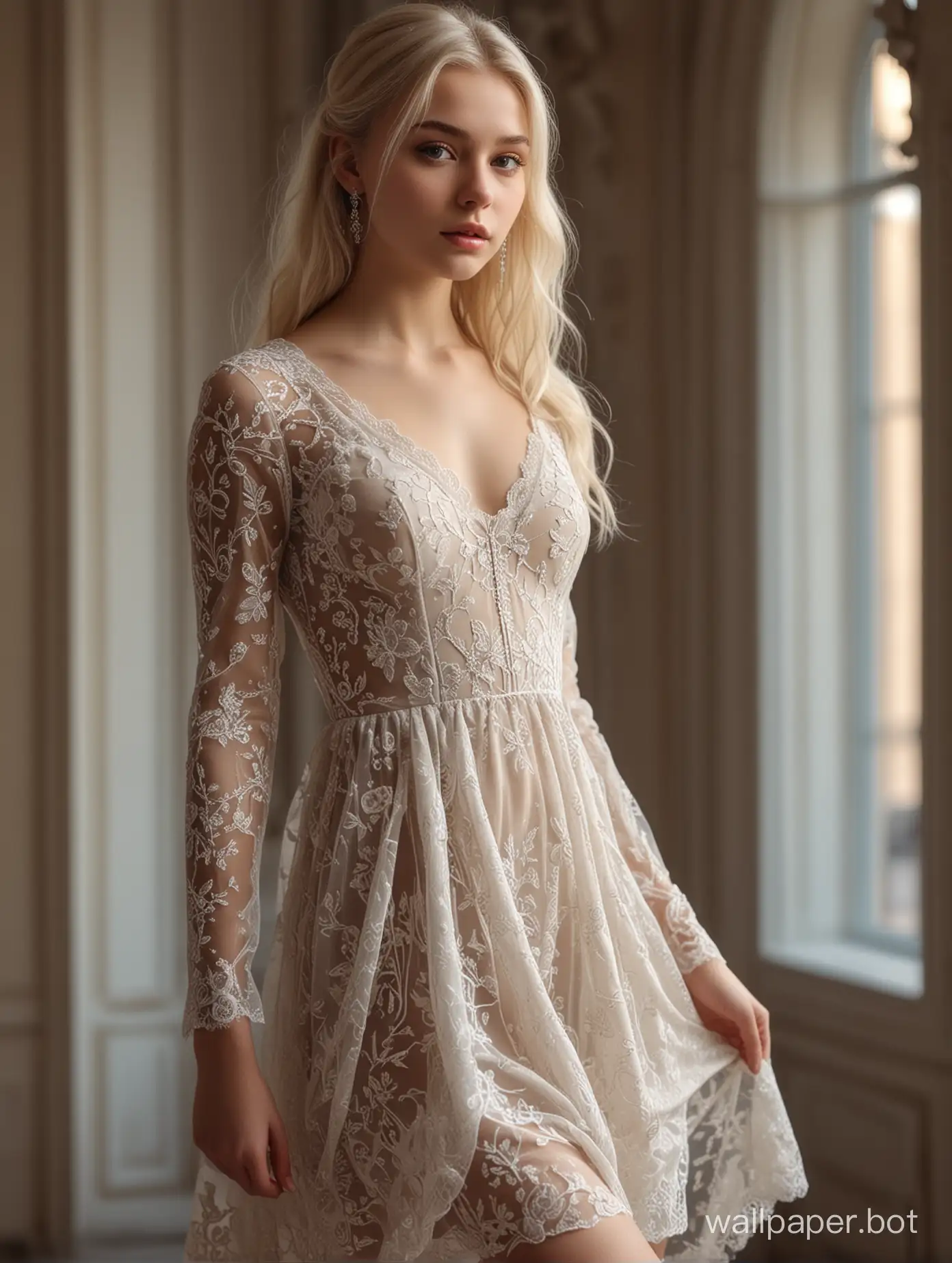 Photo of a beautiful 18 y.o. russian model, full body, wide shot, detailed skin, perfect body, very detailed, 4K HQ, 8K HDR, High contrast, shadows, platinum blonde hair, baroque sheer dress, full body view