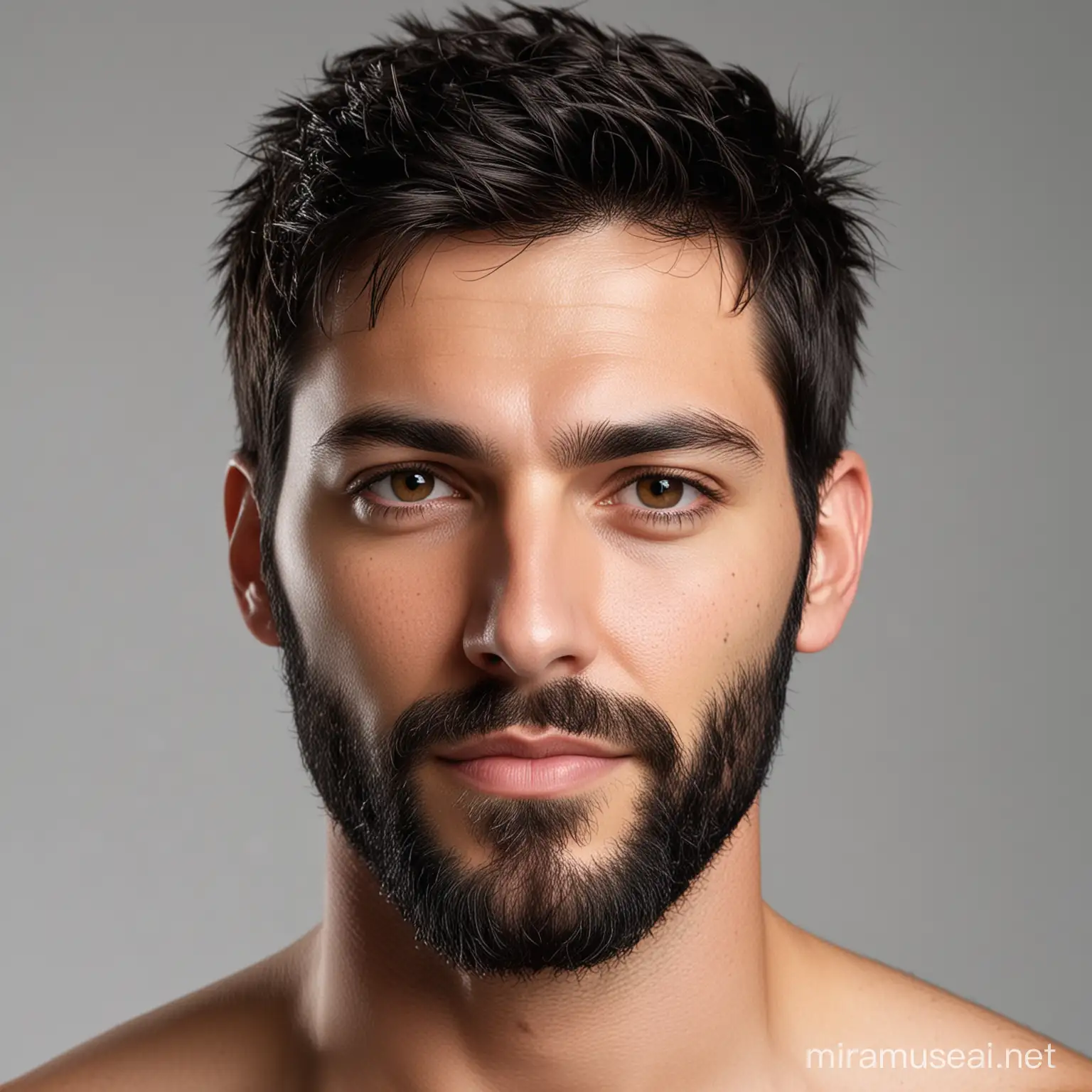 Full frontal view of a 30-year-old man, dark-brown eyes, with medium-short black hair, with a medium-long beard, hyper realistic, white background, perfect lighting