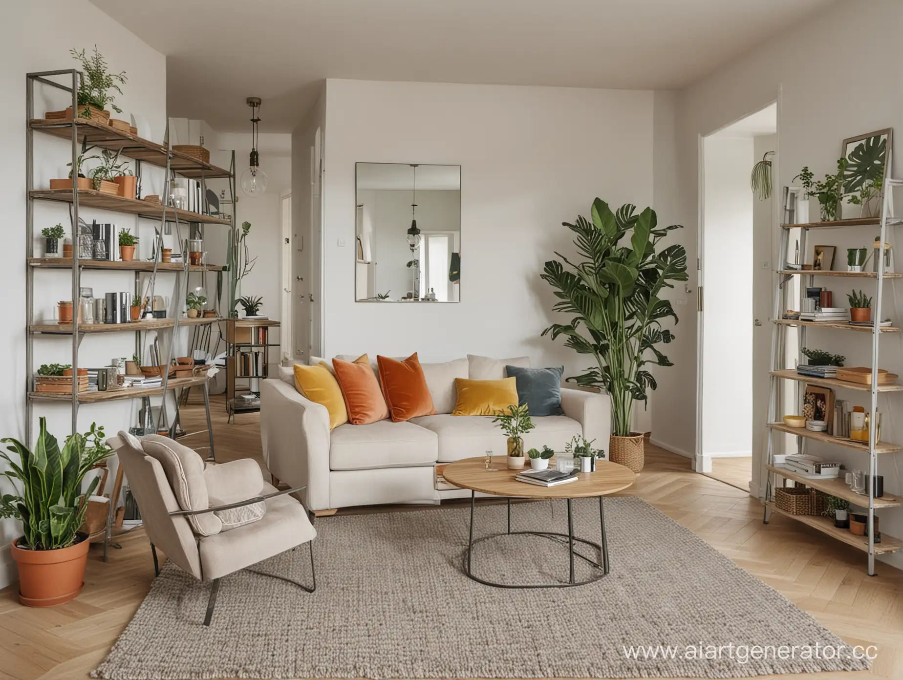 LIVING ROOM WITH A TABLE STAIRS SOFA WARDROBE SHELVES RUG  A PLANT,  A  MIRROW, ONE ARMCHAIR, A BOTTLE, A LAMP
