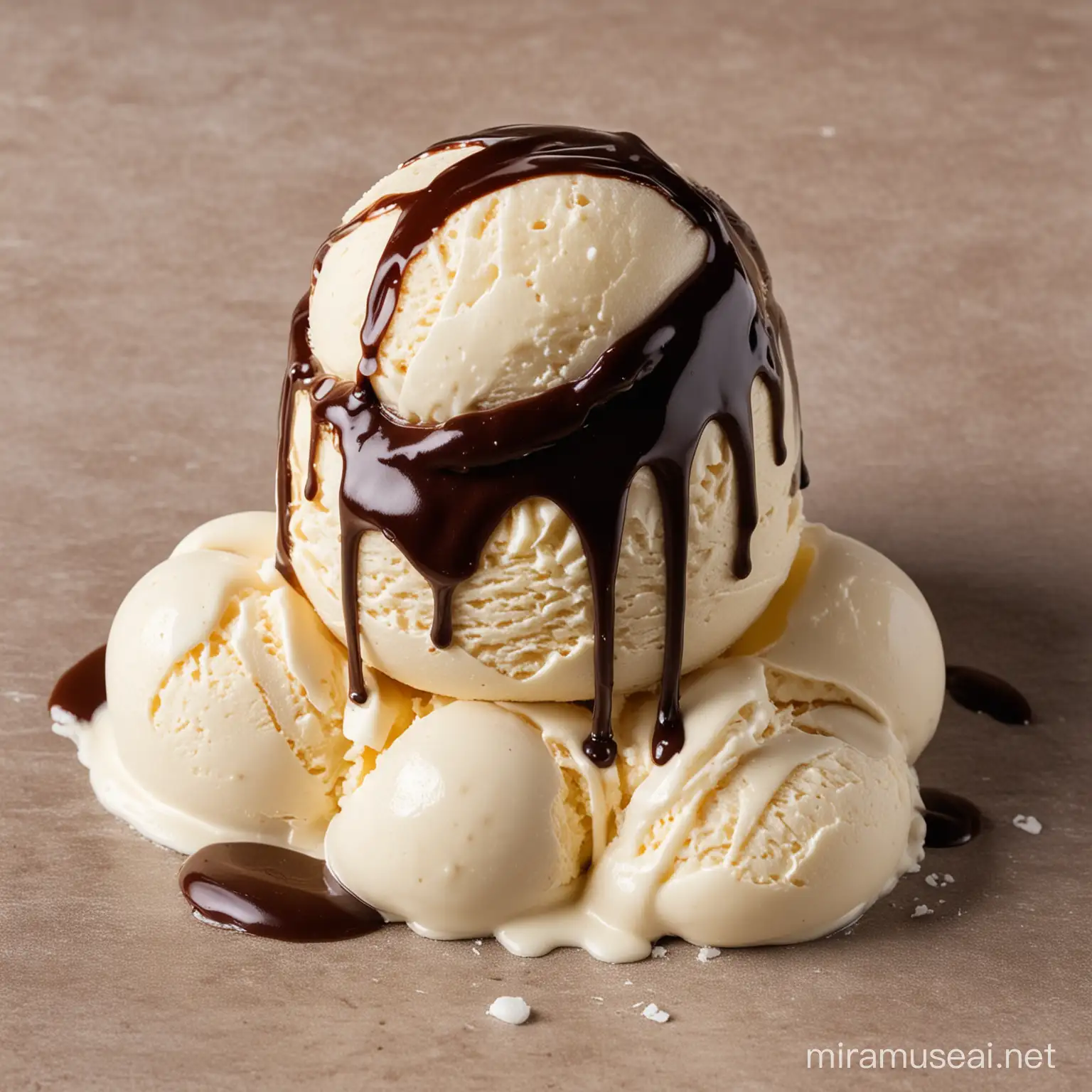 A ball of milk ice cream with chocolate sauce on top, without a background
