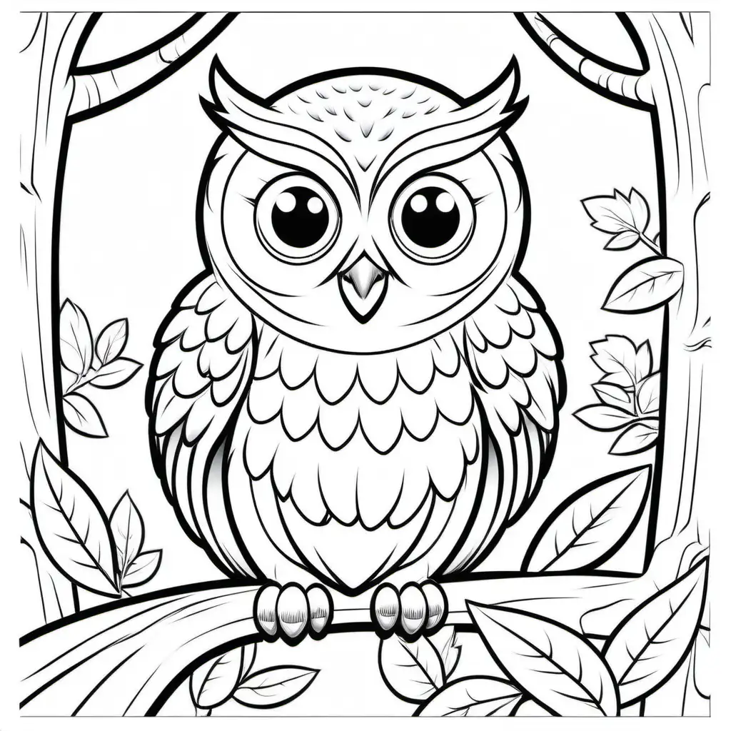 Create a coloring book page for 1 to 4 year olds. A simple cartoon  cute smiling friendly faced Owl in their native enviroment. The image should have no shading or block colors and no background, make sure the animal fits in the picture fully and just clear lines for coloring. make all images with more cartoon faces and smiling