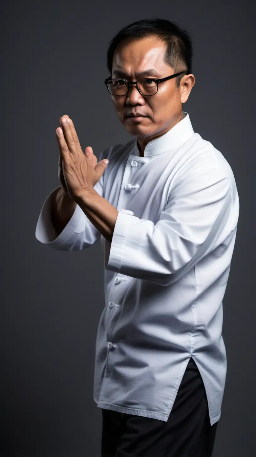 50-year-old Southeast Asian man with a round face, black short sleek hair, big forehead, wearing glasses, Wearing white normal shirt, a full look of his face and body gesture,doing kungfu pose side view