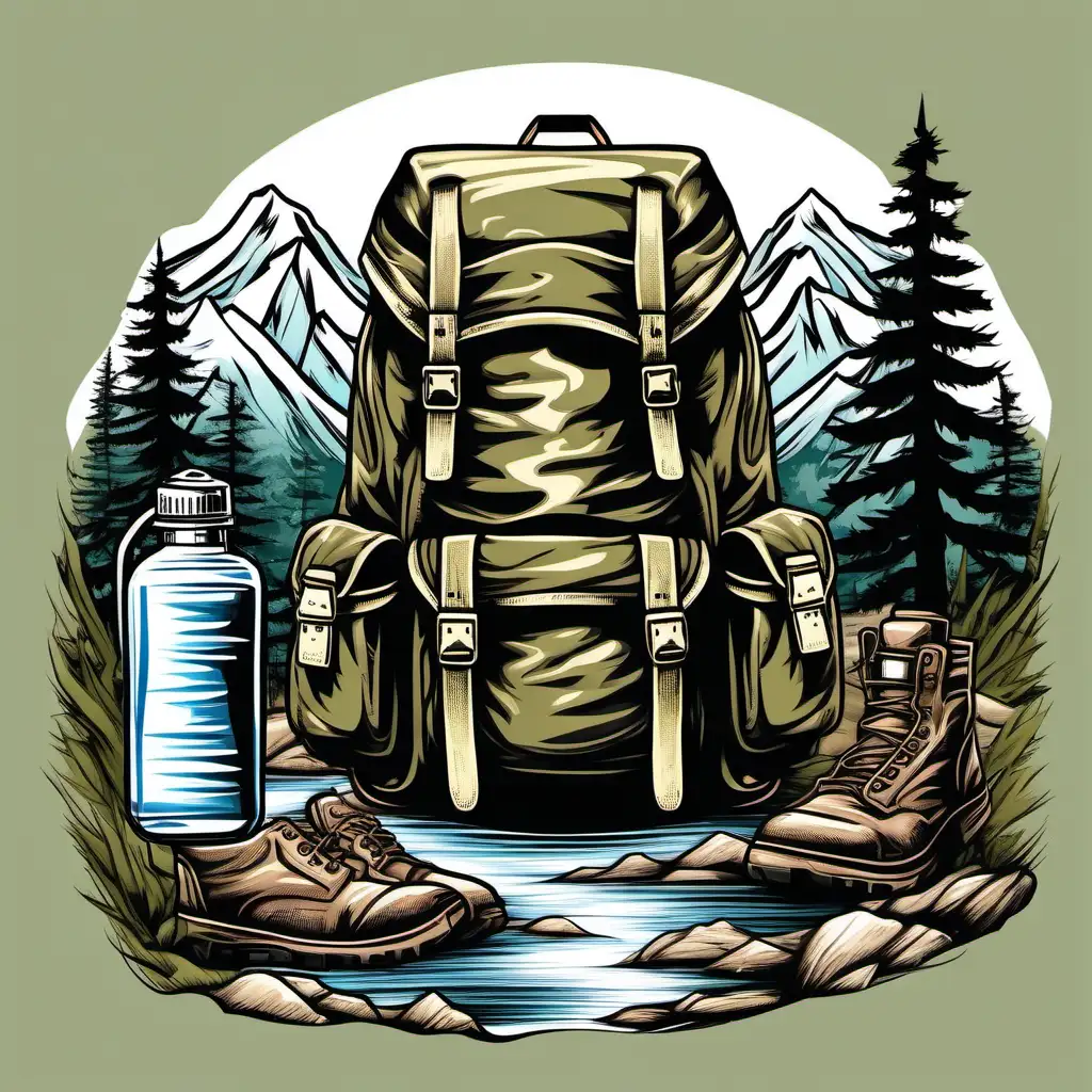 Adventure Gear Illustration Military Backpack and Emergency Supplies in Wilderness Setting