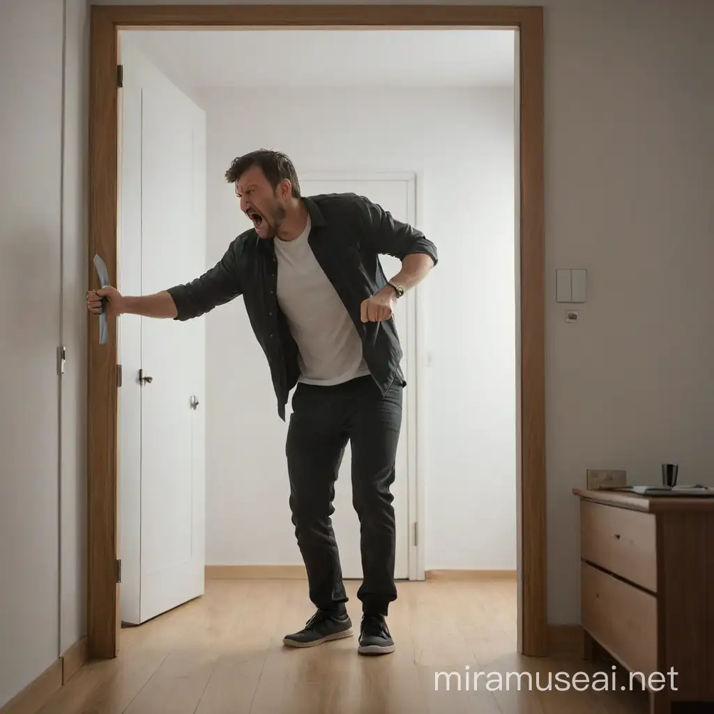 Residence, angry man holding a knife in his hand, knocking on a closed bedroom door.