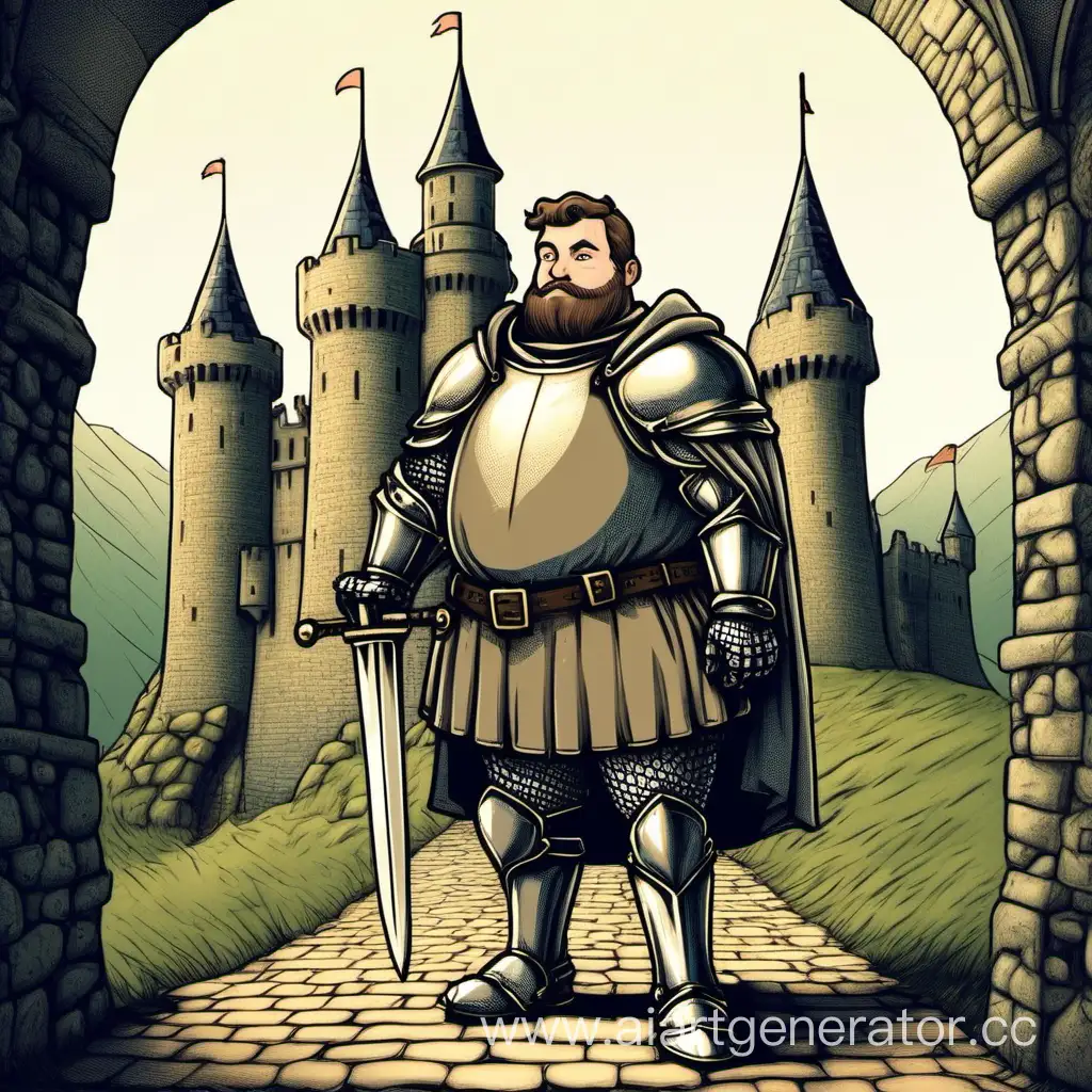 пухлый рыцарь с короткой бородой на фоне замка
