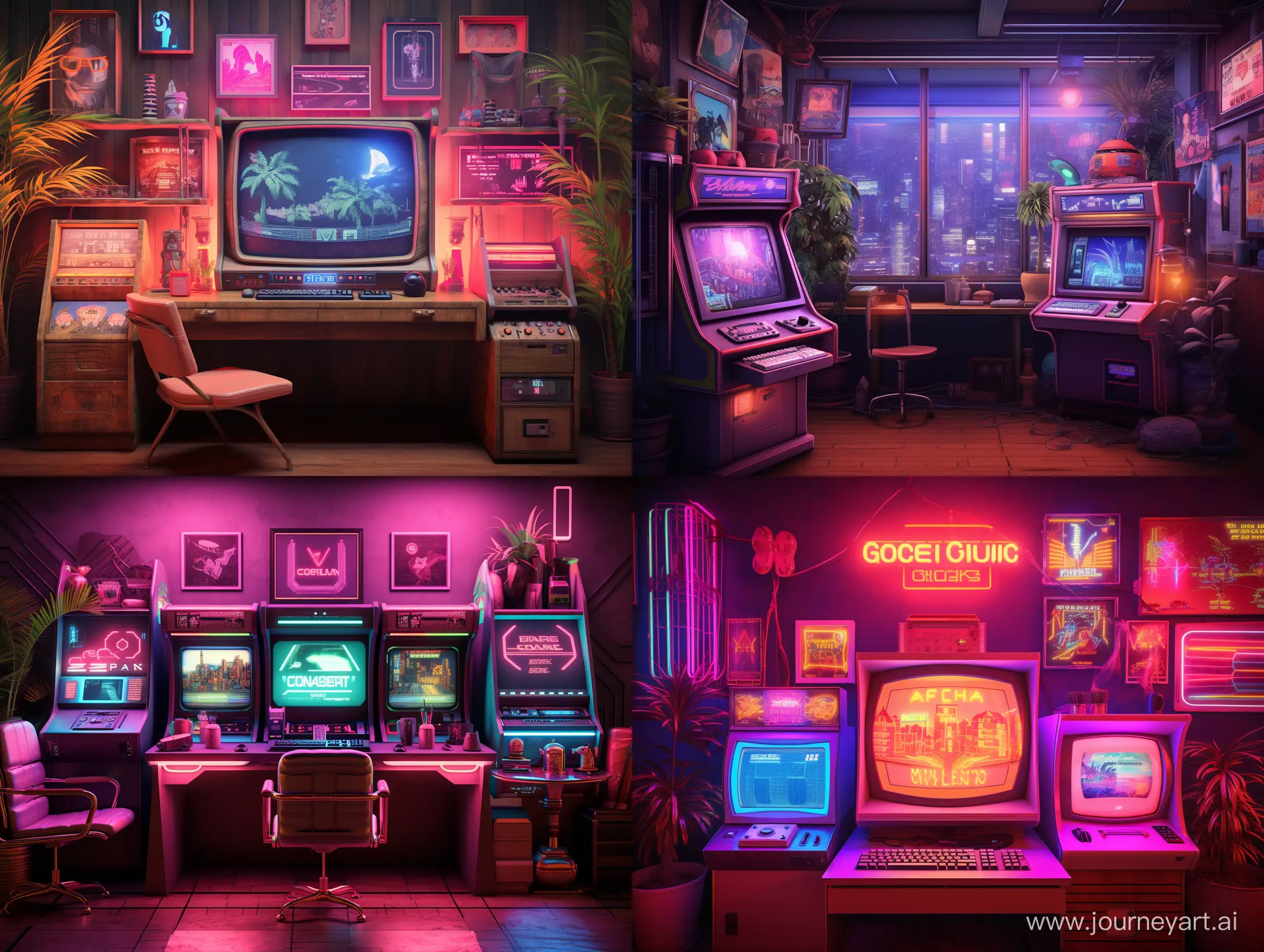 Retro-Computer-Club-Gathering-with-Vibrant-Neon-Lighting-and-Vintage-Game-Posters