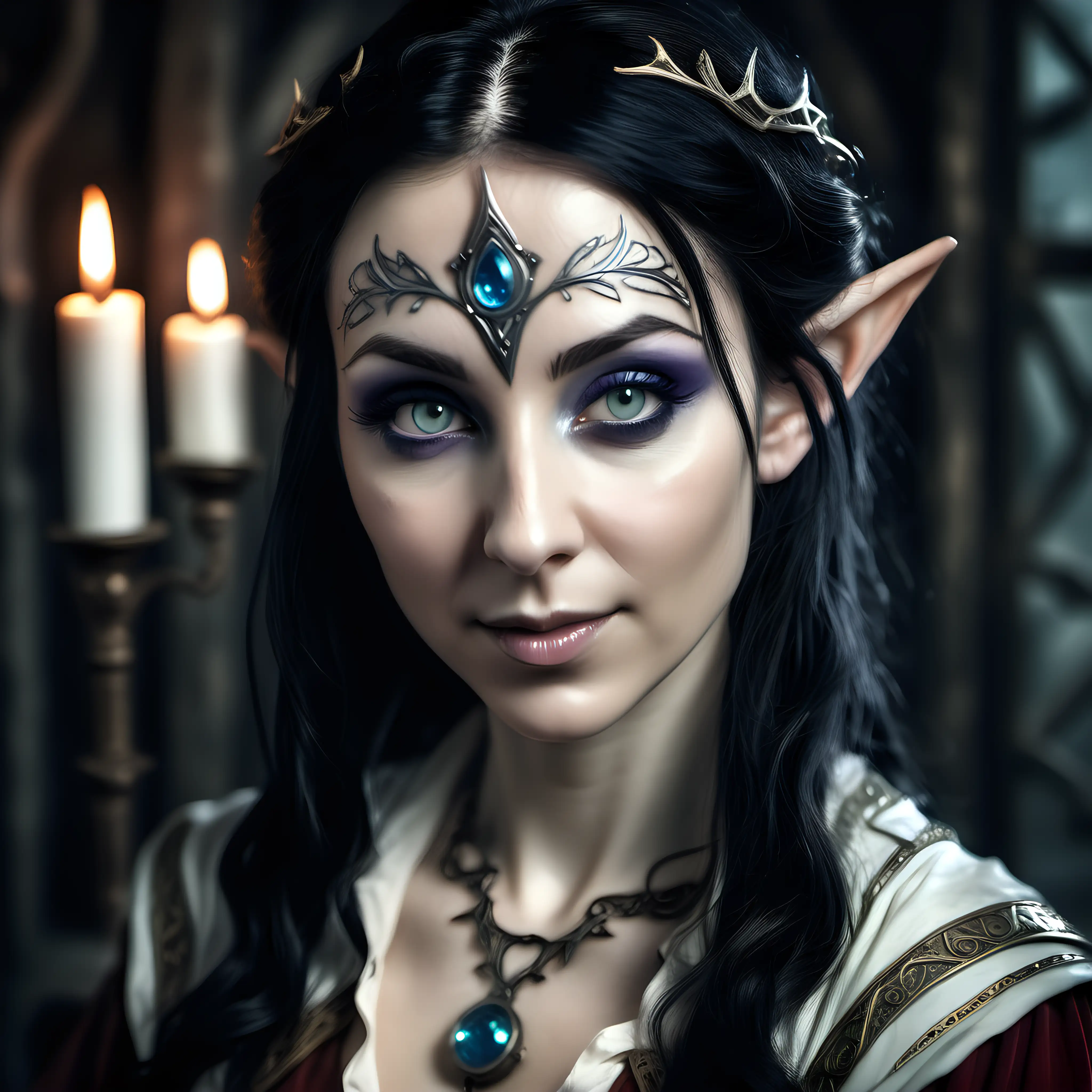 pretty elven sorceress, age 35 years, hyper detailed photography, face portrait, black hair, shy smile, apothecary background