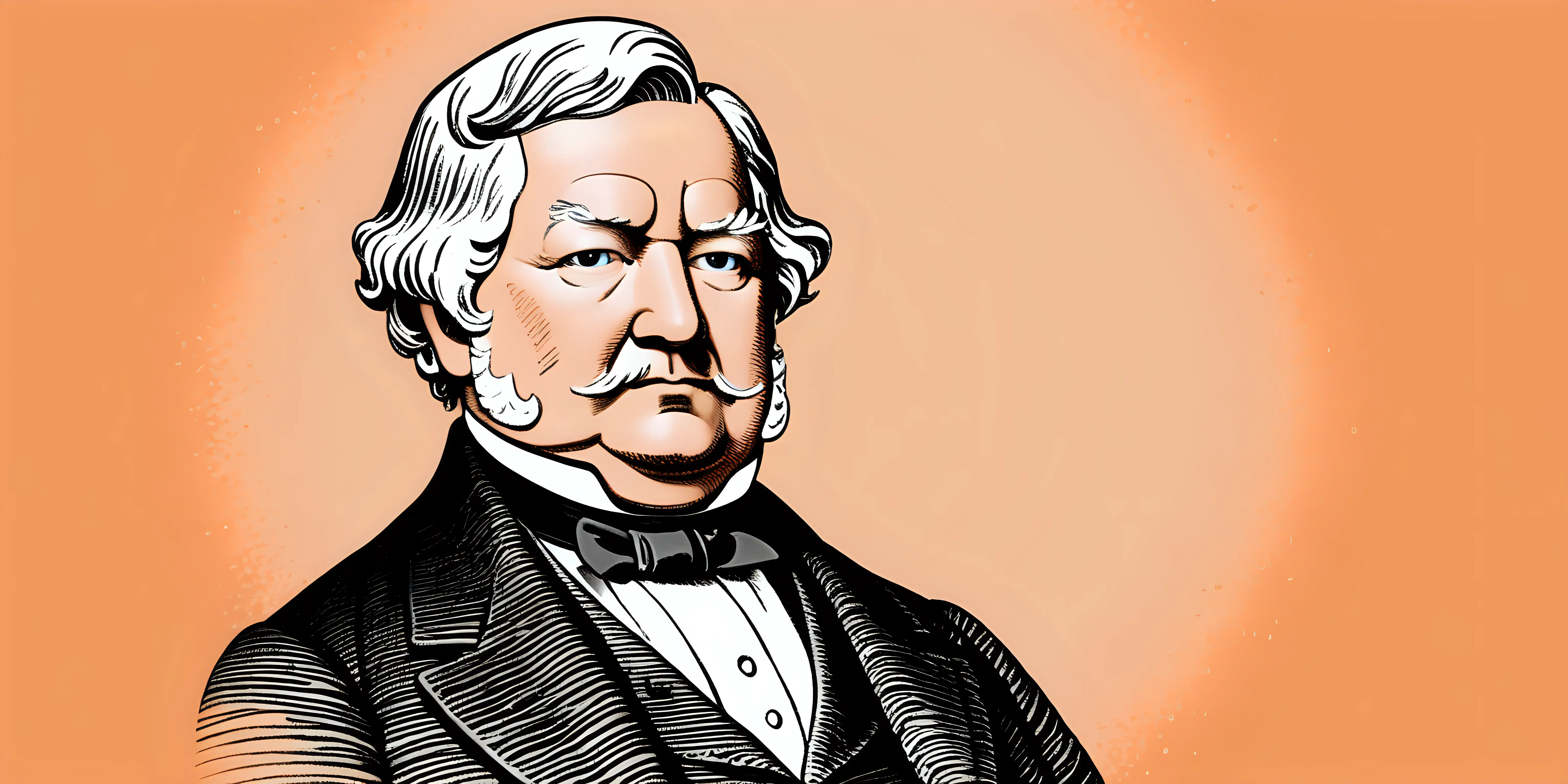 cartoon of Millard Fillmore with a solid peach orange background