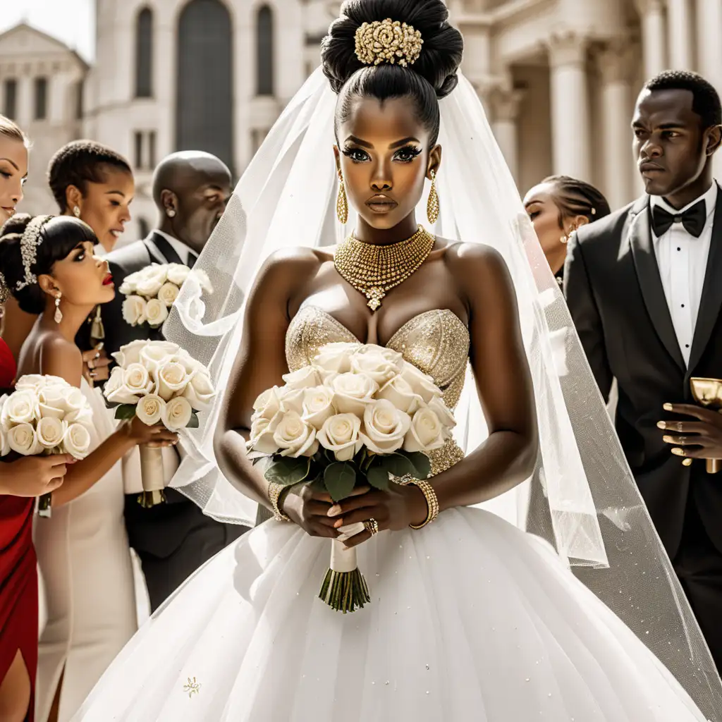 create a full length photo of a dark skin complexed African-American female with a pinned up hairstyle, a white veil on, stud gold earrings, long lashes, mini black wedding dress with a split up her thigh, gold accessories, matching gold necklace, holding white roses, white medium length nails, in white heels with red bottoms, light hazel eyes with people in the background of her wedding