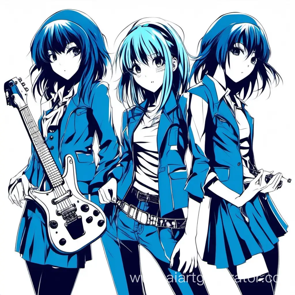 Аниме стиль 2000. Три девочки. Рок группа. Голубого цвета