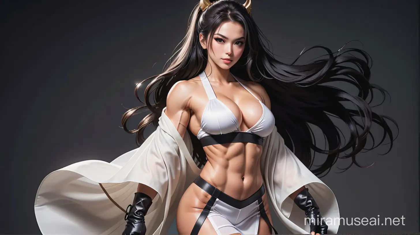 Extremely colossal Caucasian woman; extremely muscular; extremely cute; beautiful; sexy; seductive; superhero; long black hair; long bangs; long messy ponytail; extremely muscular arms; gloves; extremely muscular thighs; boots; kimono sleeves; very big cleavage; extremely muscular abs; highlighted hair; meshed hair; textured hair; wispy hair; layered hair; hair extensions; kimono; extremely muscular thighs; extremely muscular abs; extremely muscular arms; wearing a black and white skirted kimono with thigh-high boots; 