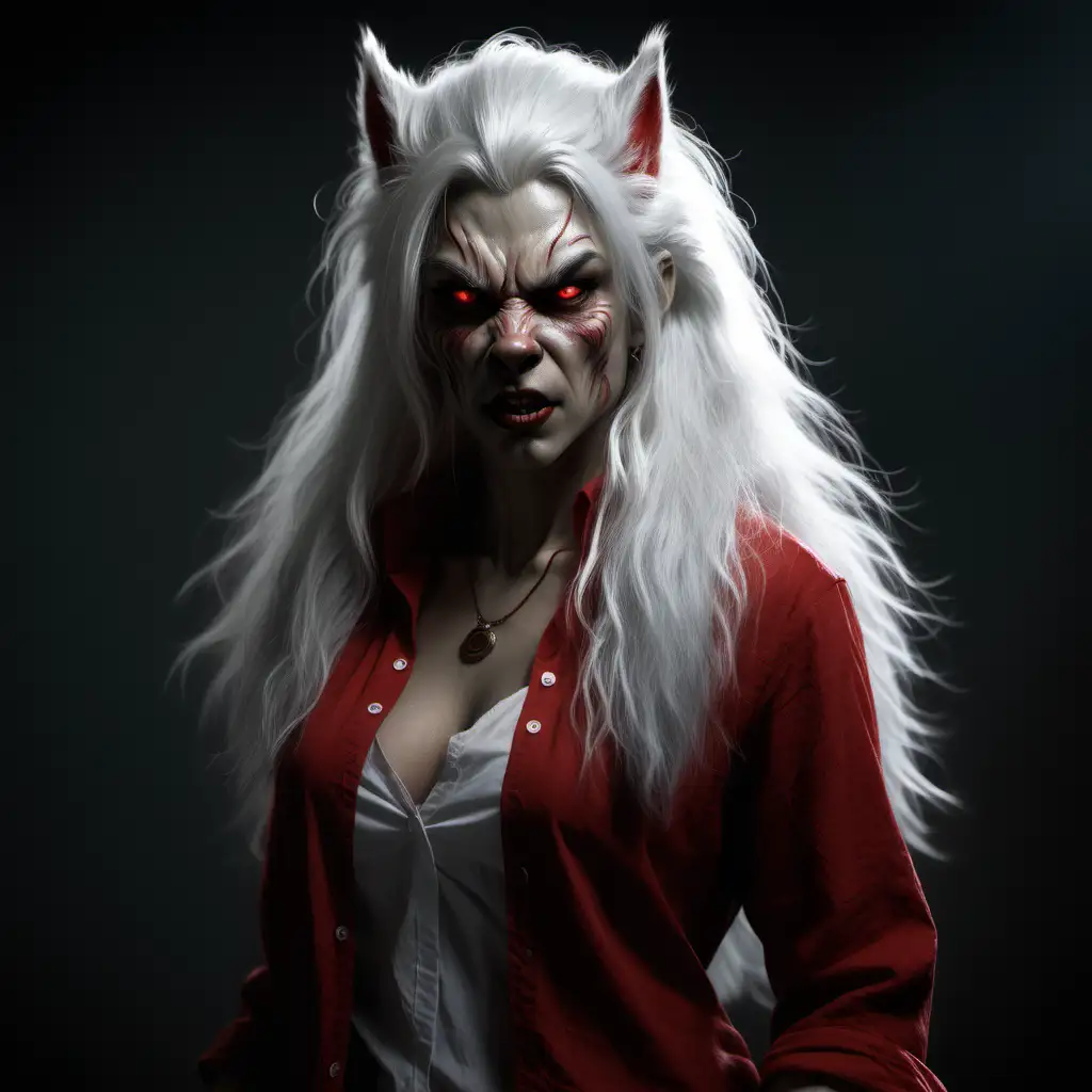A very hairy female werewolf with white hair and a red top