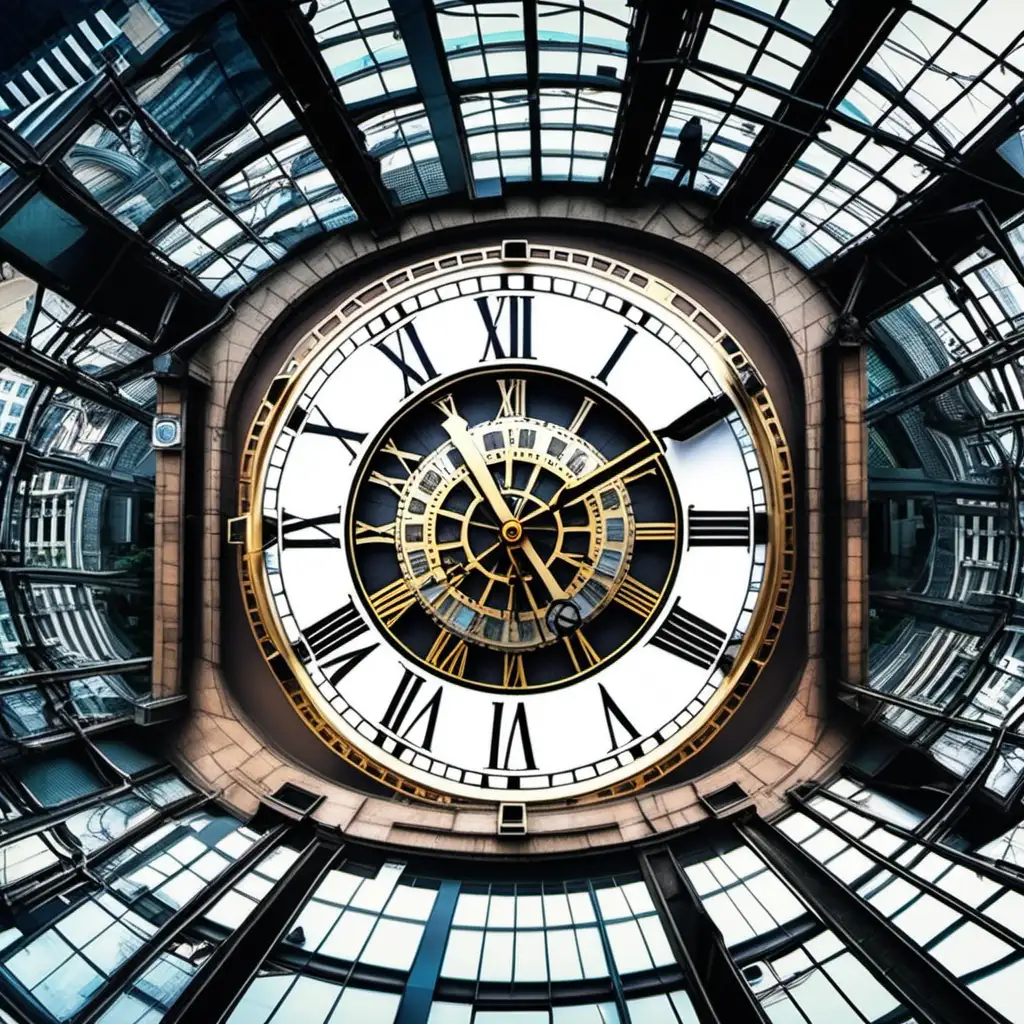  a giant clock time machine in the modern world city from overhead