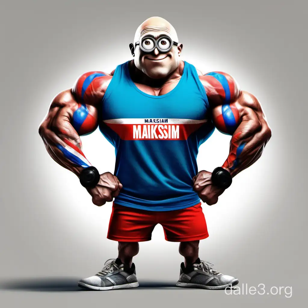 A bald minion with a lot of muscles flexing his bicep, wearing a t shirt with the colors of the Russian flag, with MAKSIM written on it