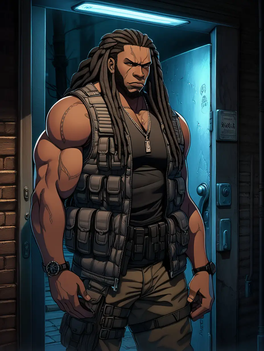 Muscular Black Man with Dreadlocks Guarding Dark Alley Door Anime Style