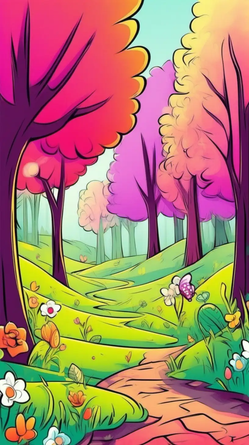 Playful Springtime Cartoon Scene with Vibrant Colors