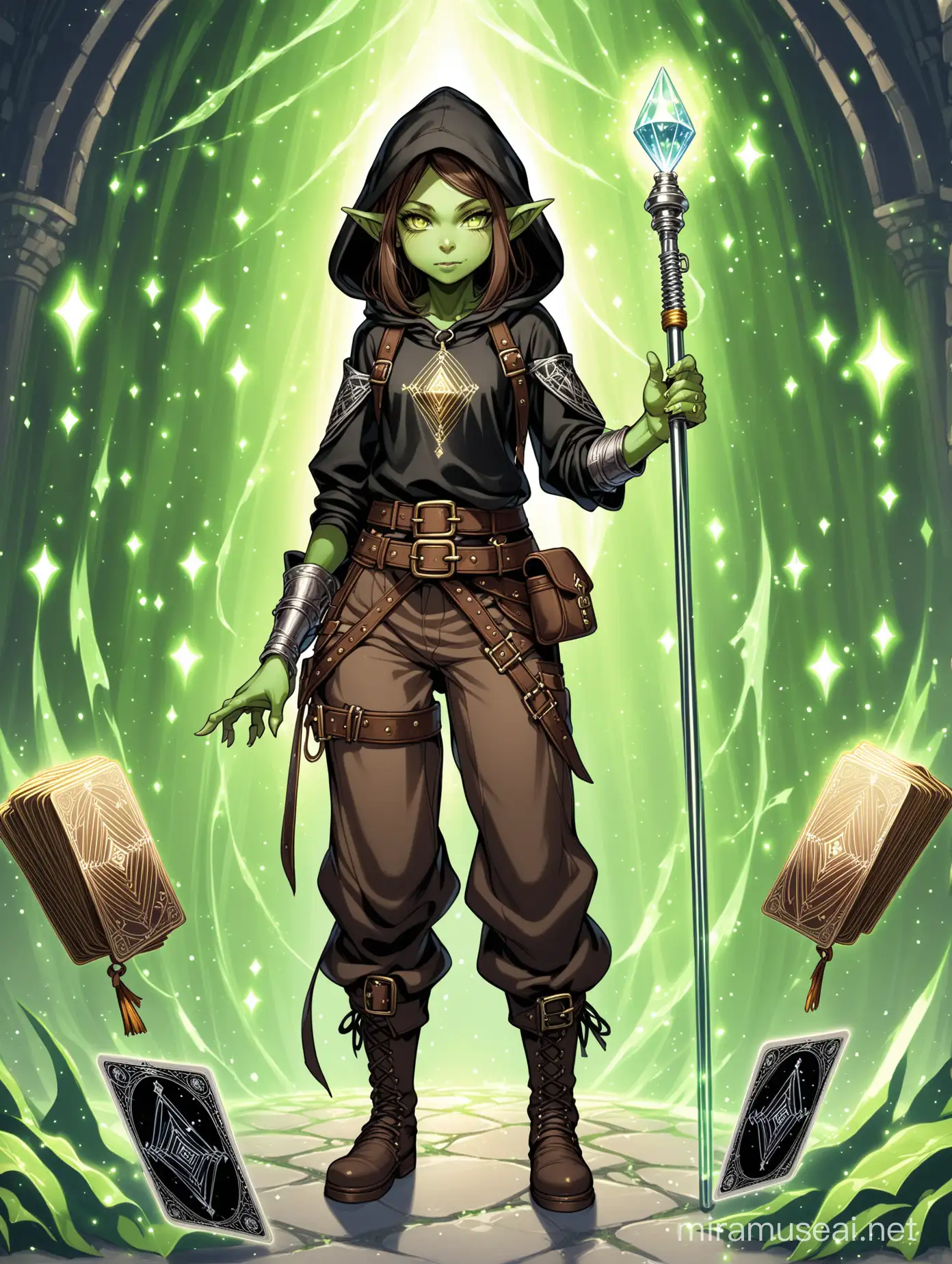 young goblin girl, green skin, silver eyes, brown hair, black hooded tunic, brown pants, grey boots, magic rod topped with diamond, tarot card, silver embroidery, brass buckles, belted harness, hip pouches, thigh pouch