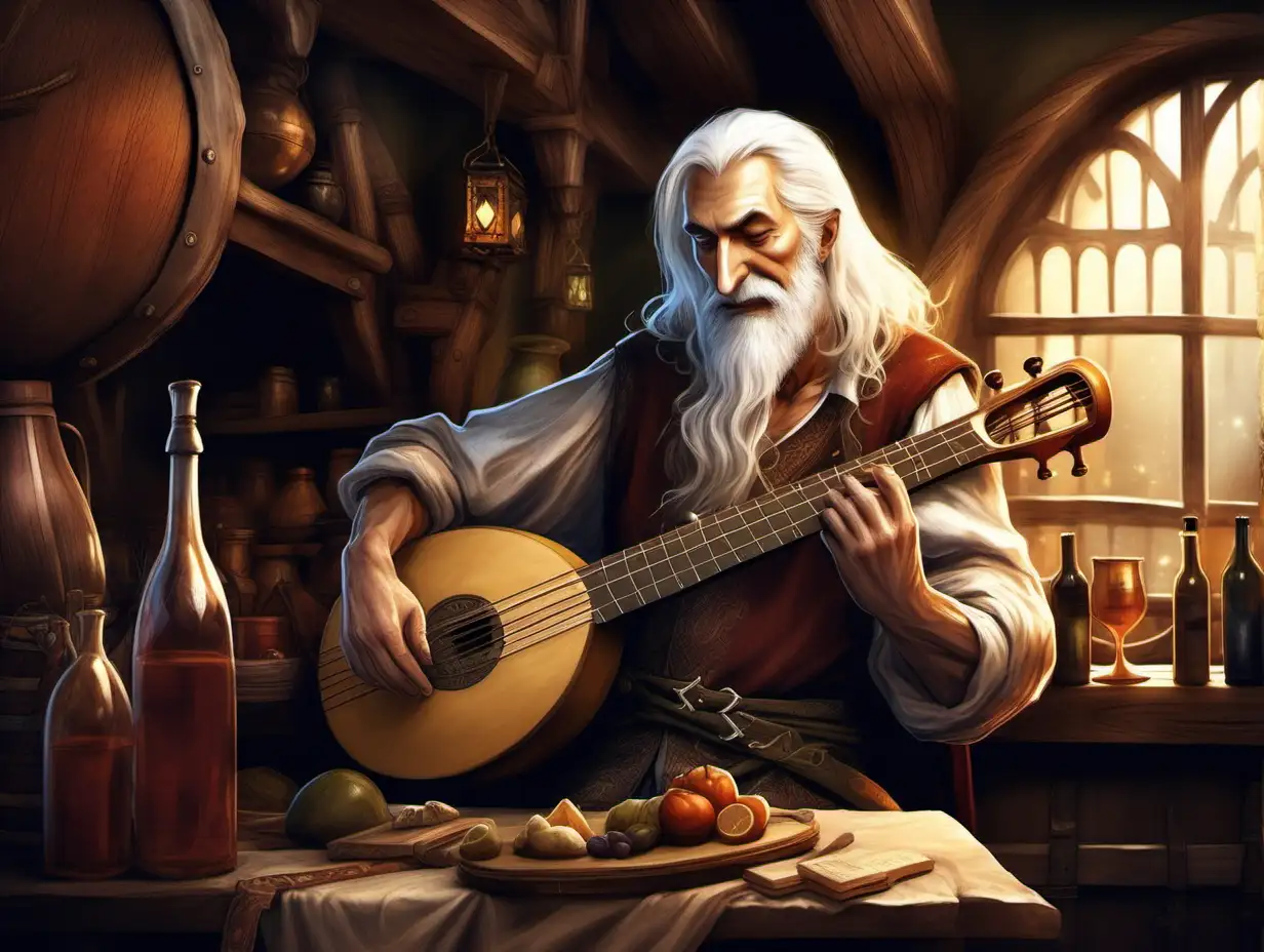 WhiteHaired MiddleAged Man Playing Lute in a Fantasy Tavern