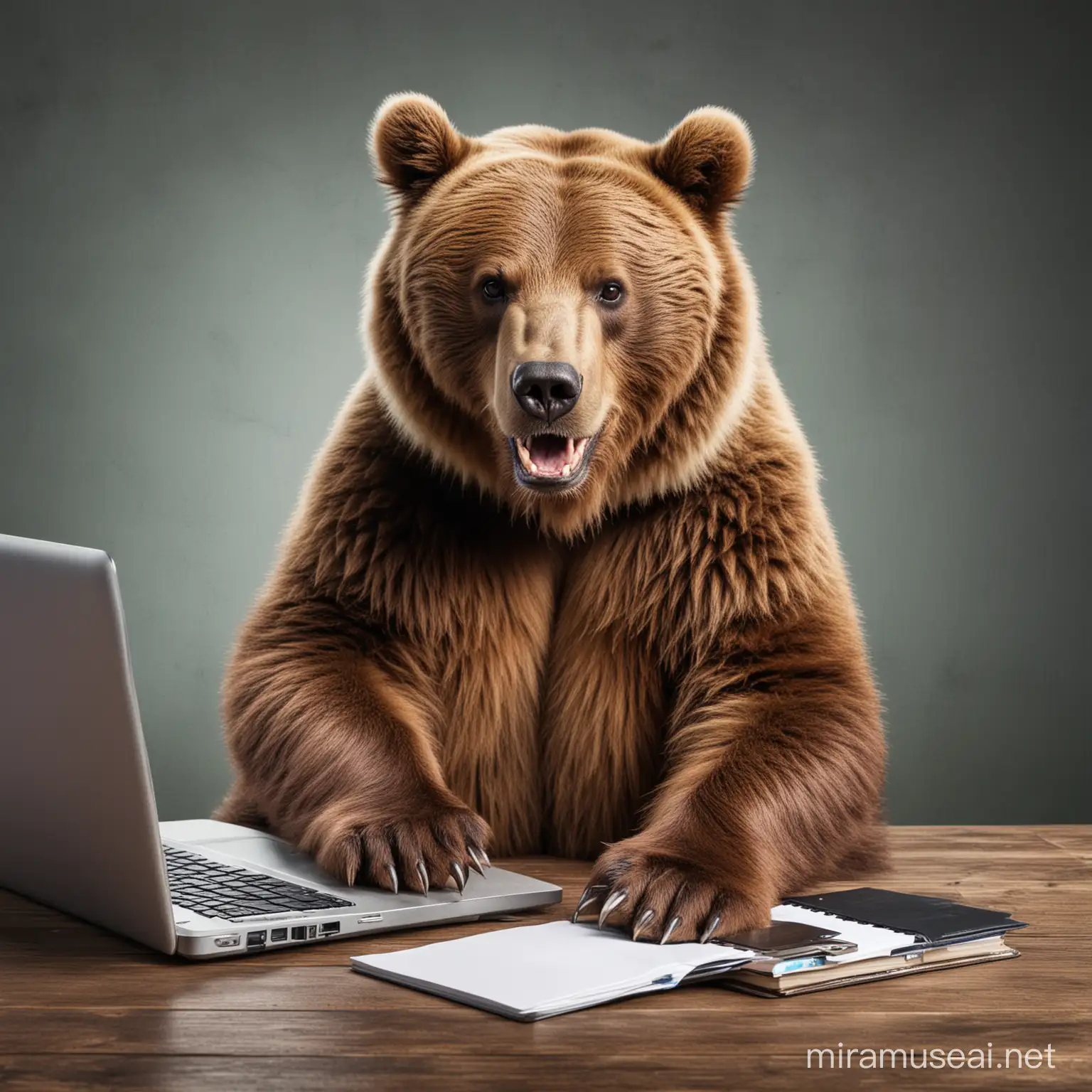 a picture of ferocious brown bear sitting at a laptop