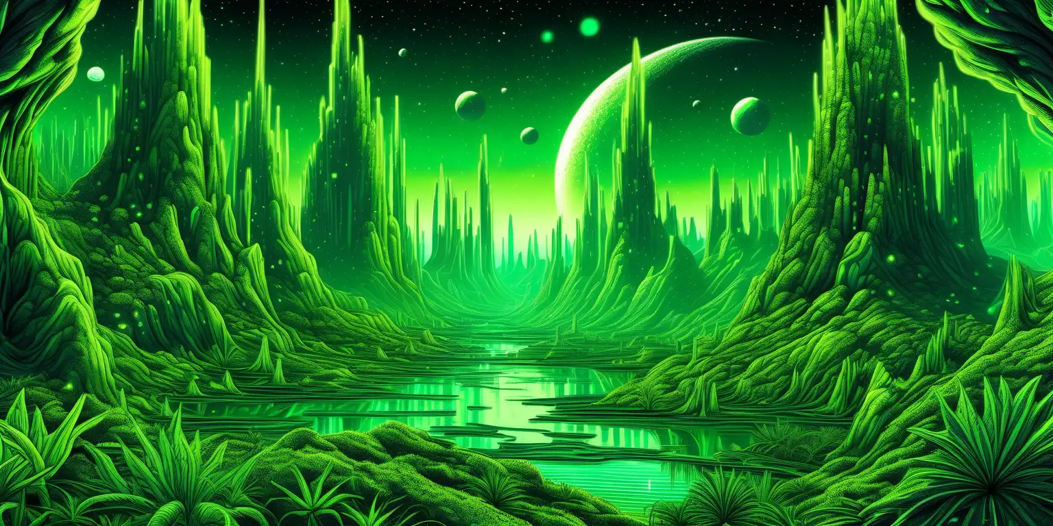 Exploring Bioluminescent Alien Forest Encounter with Green Aliens and Futuristic Technology