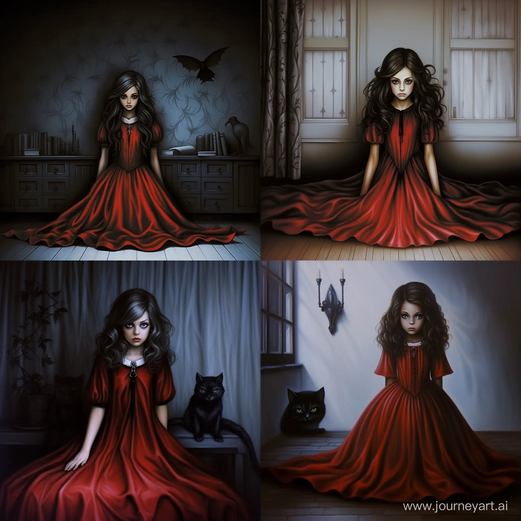A girl with red hair in a black Gothic dress sleeps on a bed next to a Gothic-style cat

