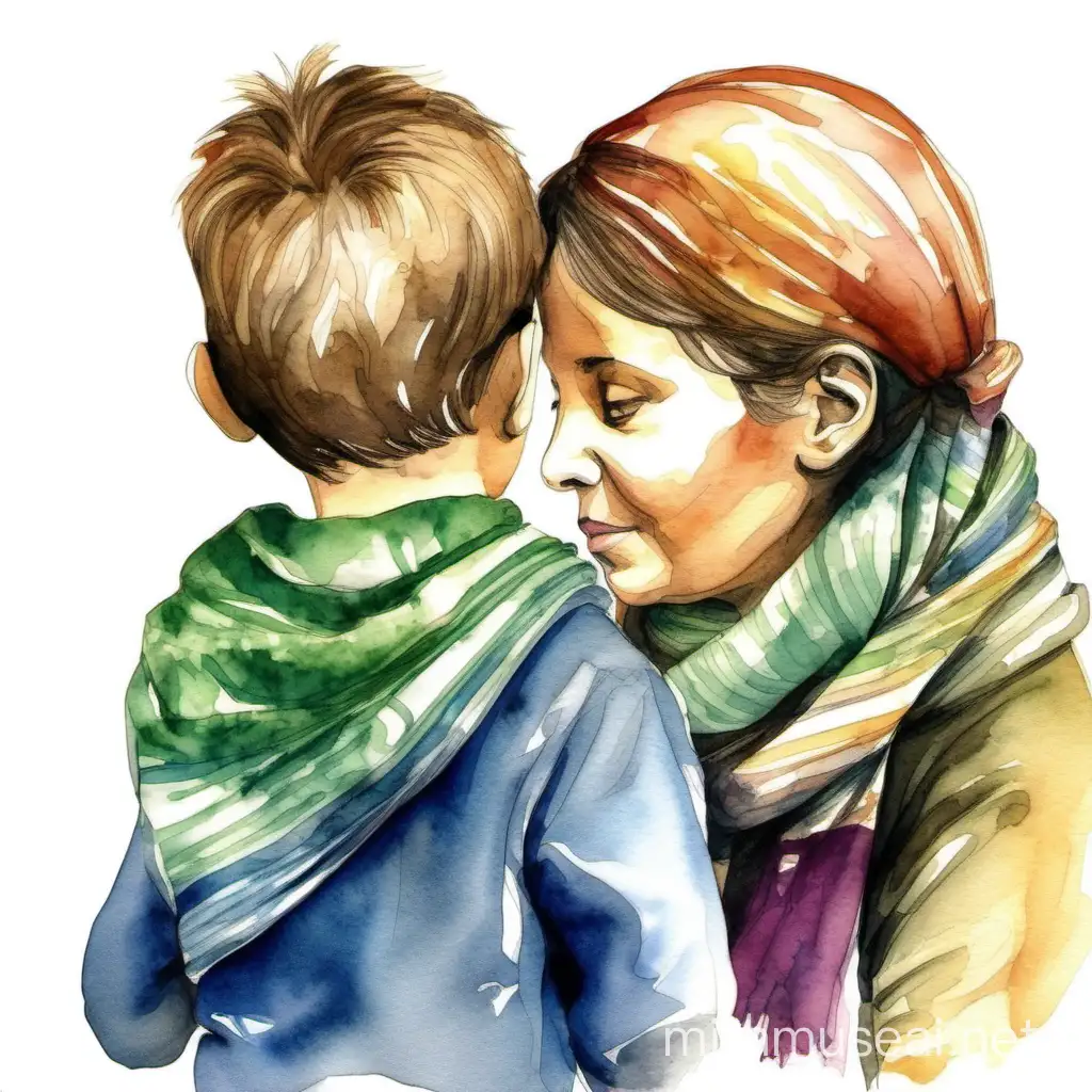 A autistic boy with his mother with a scarf on her hair. The view is from back and the mother is wearing a scarf on her hair. The image is a water color.
